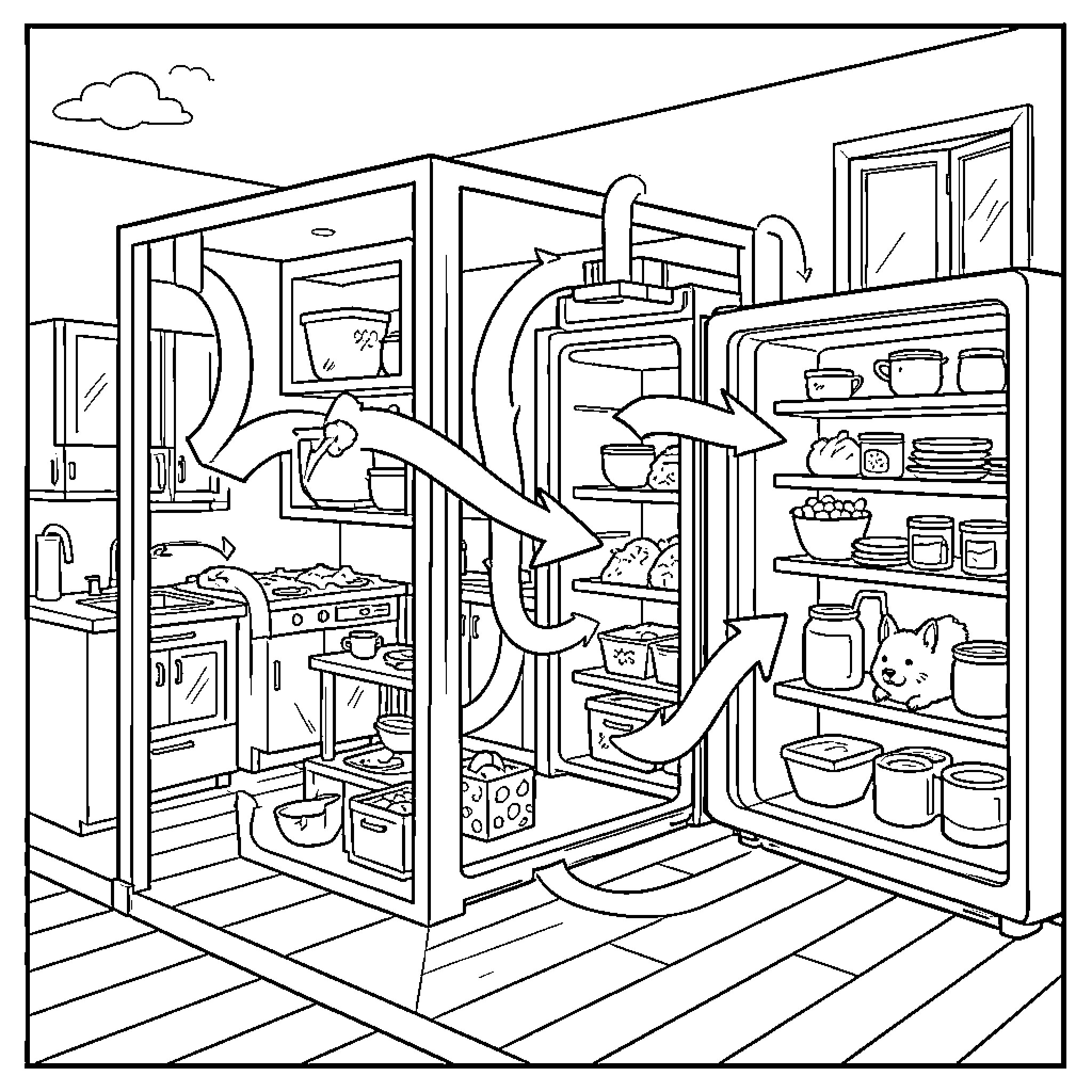 Refrigeration Cycle showing air flow through a kitchen Coloring Page (free black-and-white line drawing printable PDF for all, from beginners to advanced learners, including children, teens, adults, and seniors)
