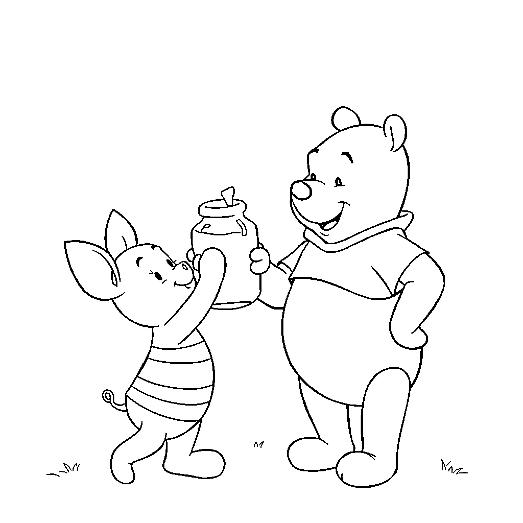 Winnie The Pooh and Piglet Sharing Honey Coloring Page (free black-and-white line drawing printable PDF for all, from beginners to advanced learners, including children, teens, adults, and seniors)