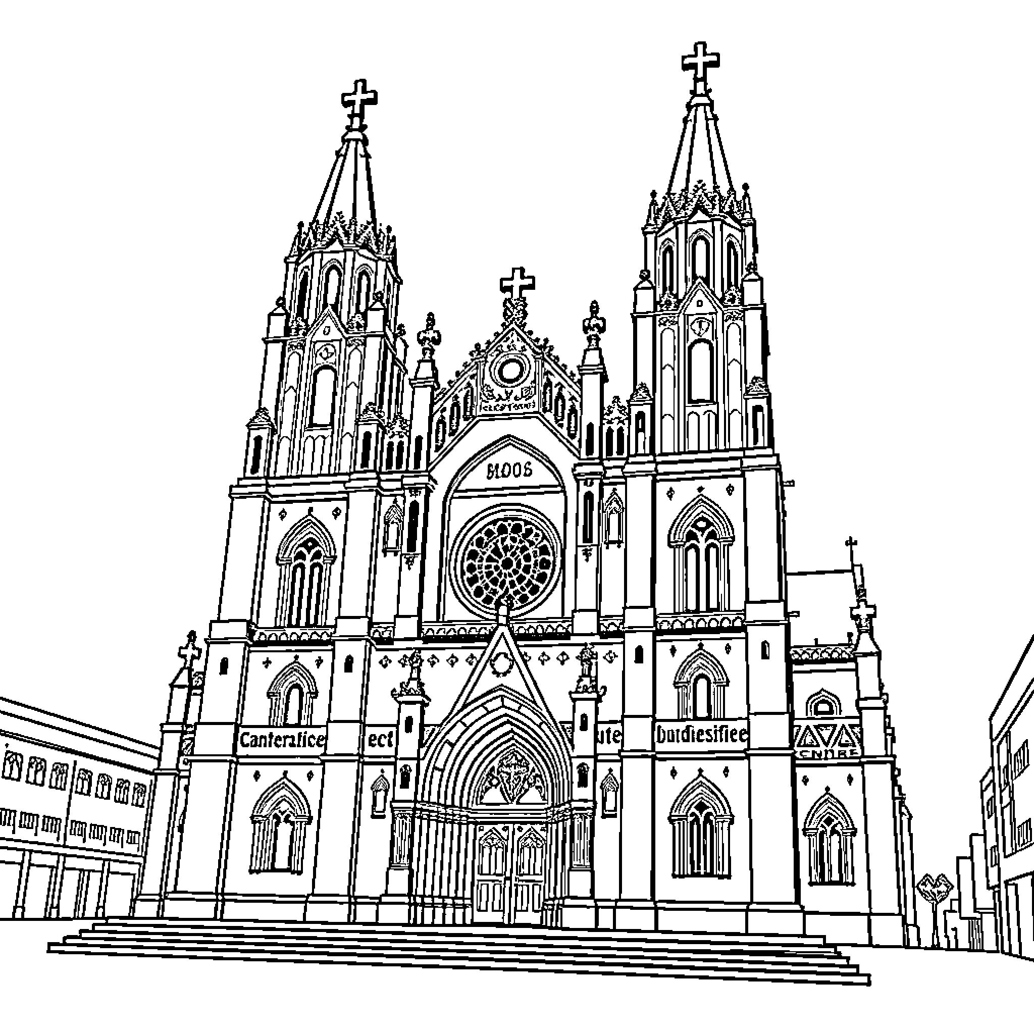 Murcia Cathedral: Majestic Gothic Architecture Coloring Page (free black-and-white line drawing printable PDF for all, from beginners to advanced learners, including children, teens, adults, and seniors)