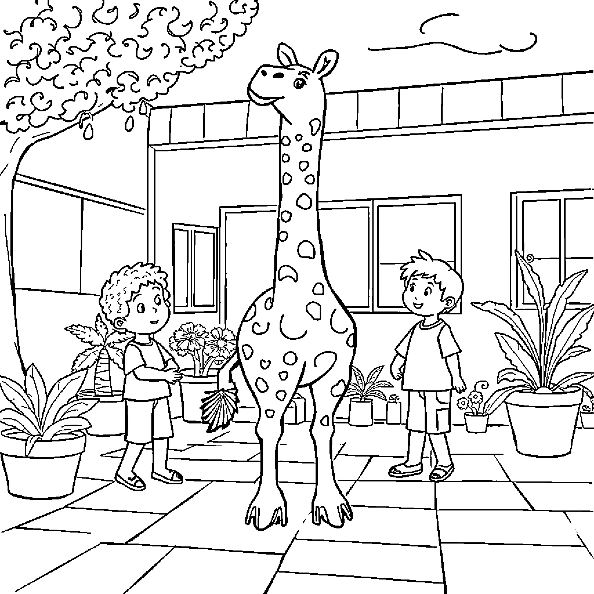 Giraffe and children playing in a garden Coloring Page (free black-and-white line drawing printable PDF for all, from beginners to advanced learners, including children, teens, adults, and seniors)
