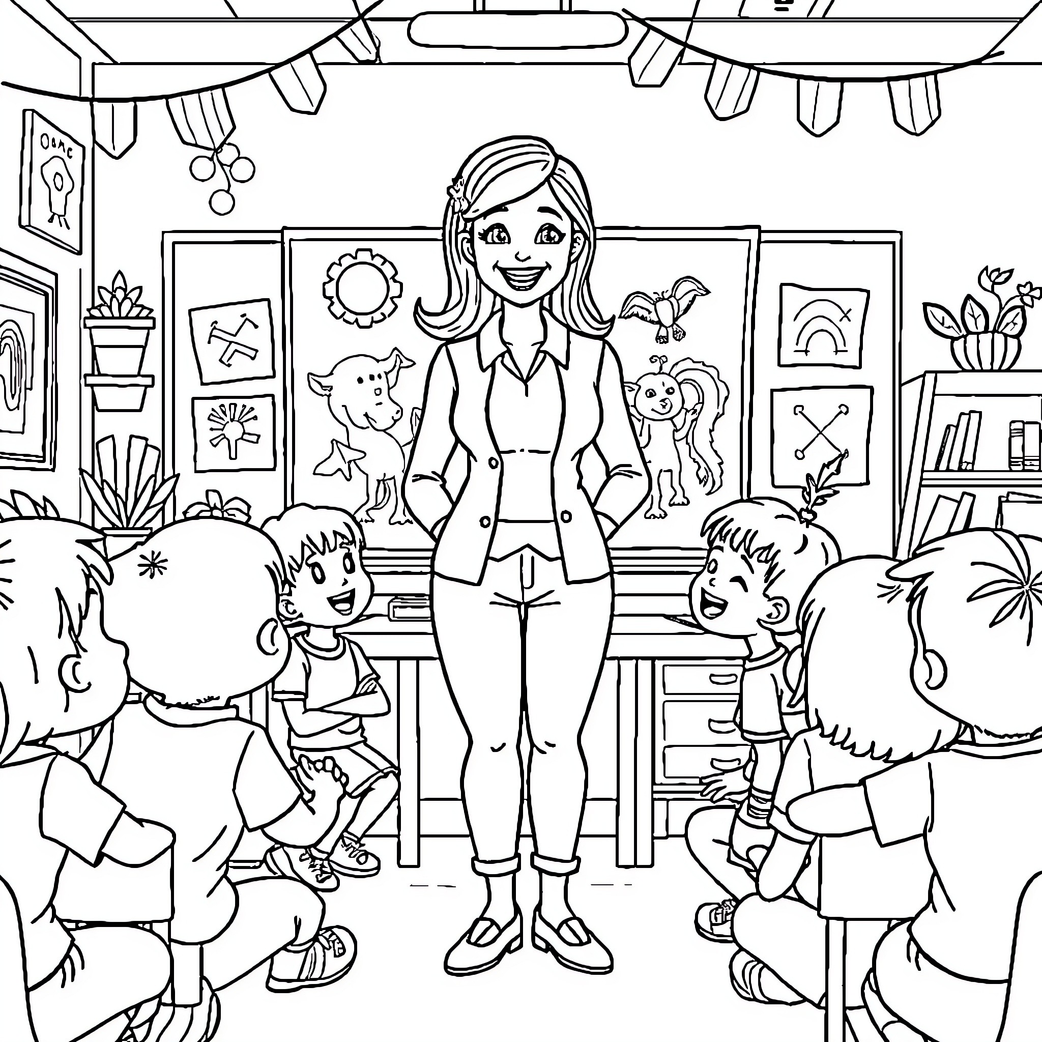 Teacher instructing students in a colorful classroom Coloring Page (free black-and-white line drawing printable PDF for all, from beginners to advanced learners, including children, teens, adults, and seniors)