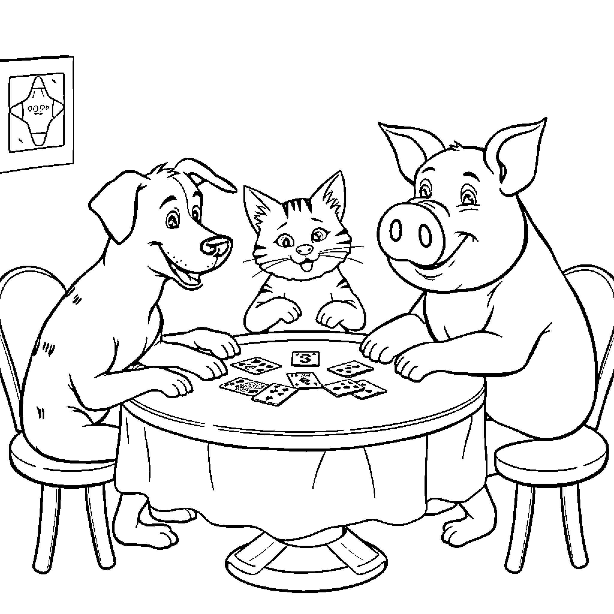 Dog, Cat, and Pig Playing Card Game Together Coloring Page (free black-and-white line drawing printable PDF for all, from beginners to advanced learners, including children, teens, adults, and seniors)