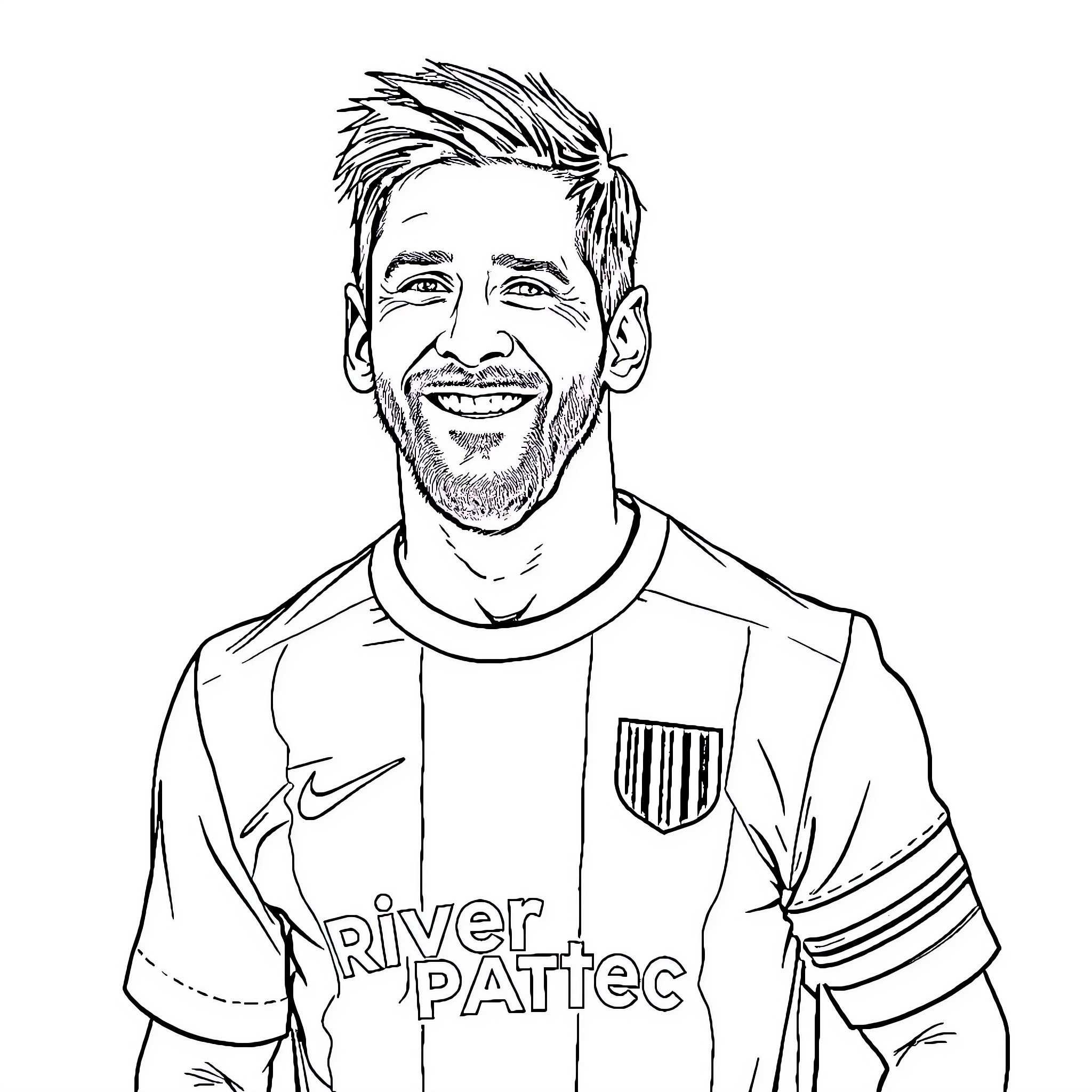 Messi smiling in sports uniform Coloring Page (free black-and-white line drawing printable PDF for all, from beginners to advanced learners, including children, teens, adults, and seniors)