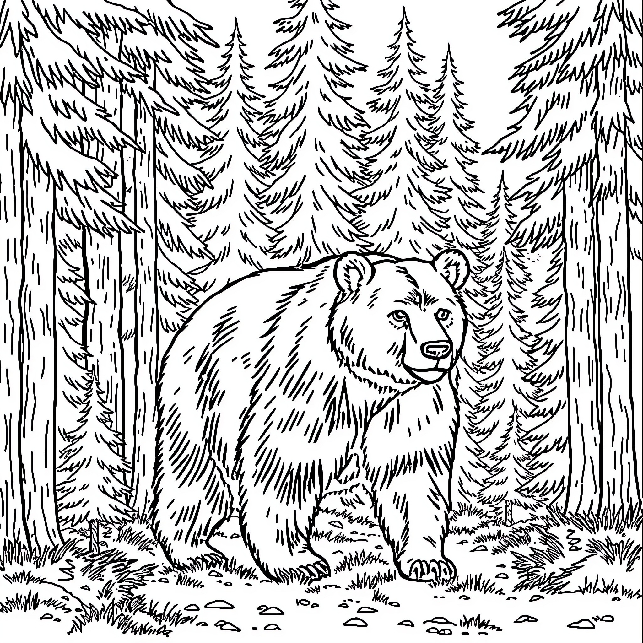 Bear roaming through the dense forest Coloring Page (free black-and-white line drawing printable PDF for all, from beginners to advanced learners, including children, teens, adults, and seniors)