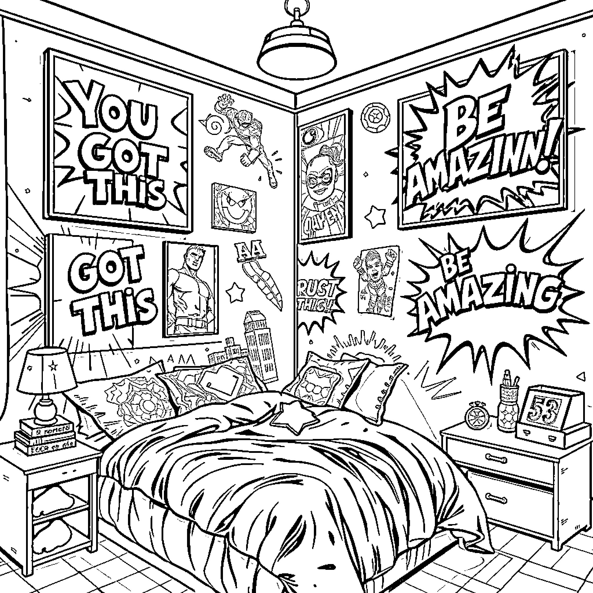 Comic Book Inspired Bedroom Decor with Playful Expressions Coloring Page (free black-and-white line drawing printable PDF for all, from beginners to advanced learners, including children, teens, adults, and seniors)