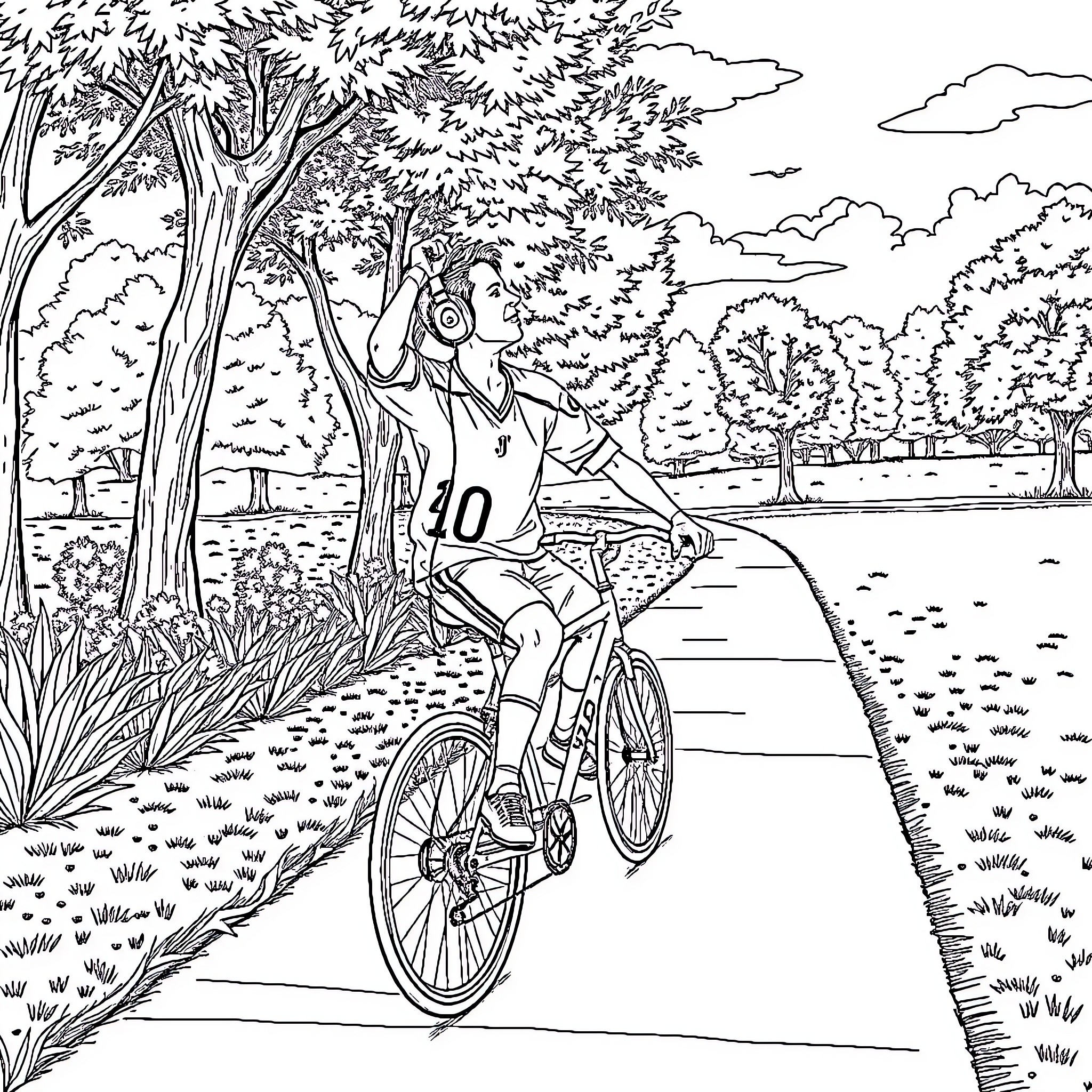 Soccer Player Riding Bicycle on Countryside Path Coloring Page (free black-and-white line drawing printable PDF for all, from beginners to advanced learners, including children, teens, adults, and seniors)