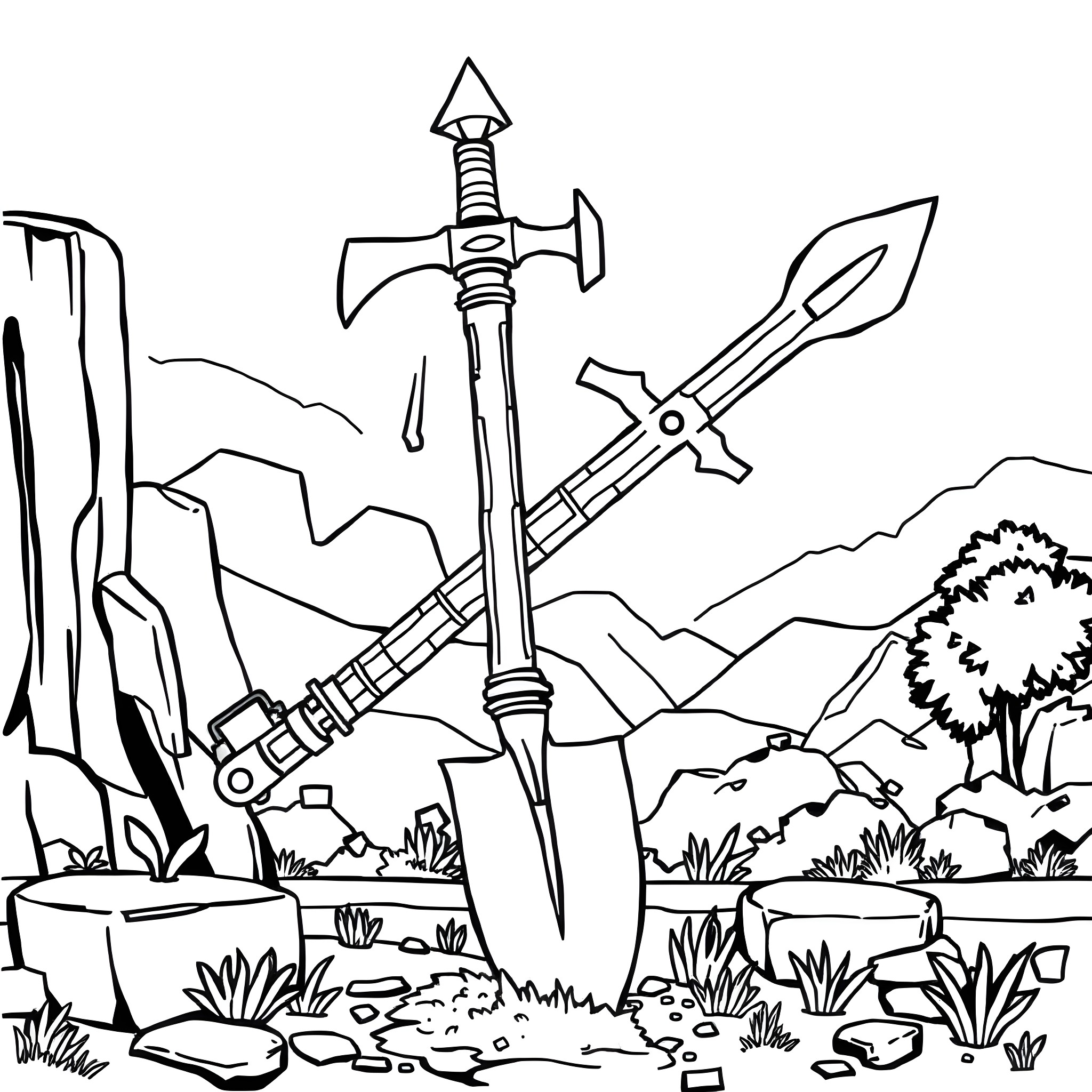 Minecraft Tool Weapons in Fantasy Landscape Coloring Page (free black-and-white line drawing printable PDF for all, from beginners to advanced learners, including children, teens, adults, and seniors)