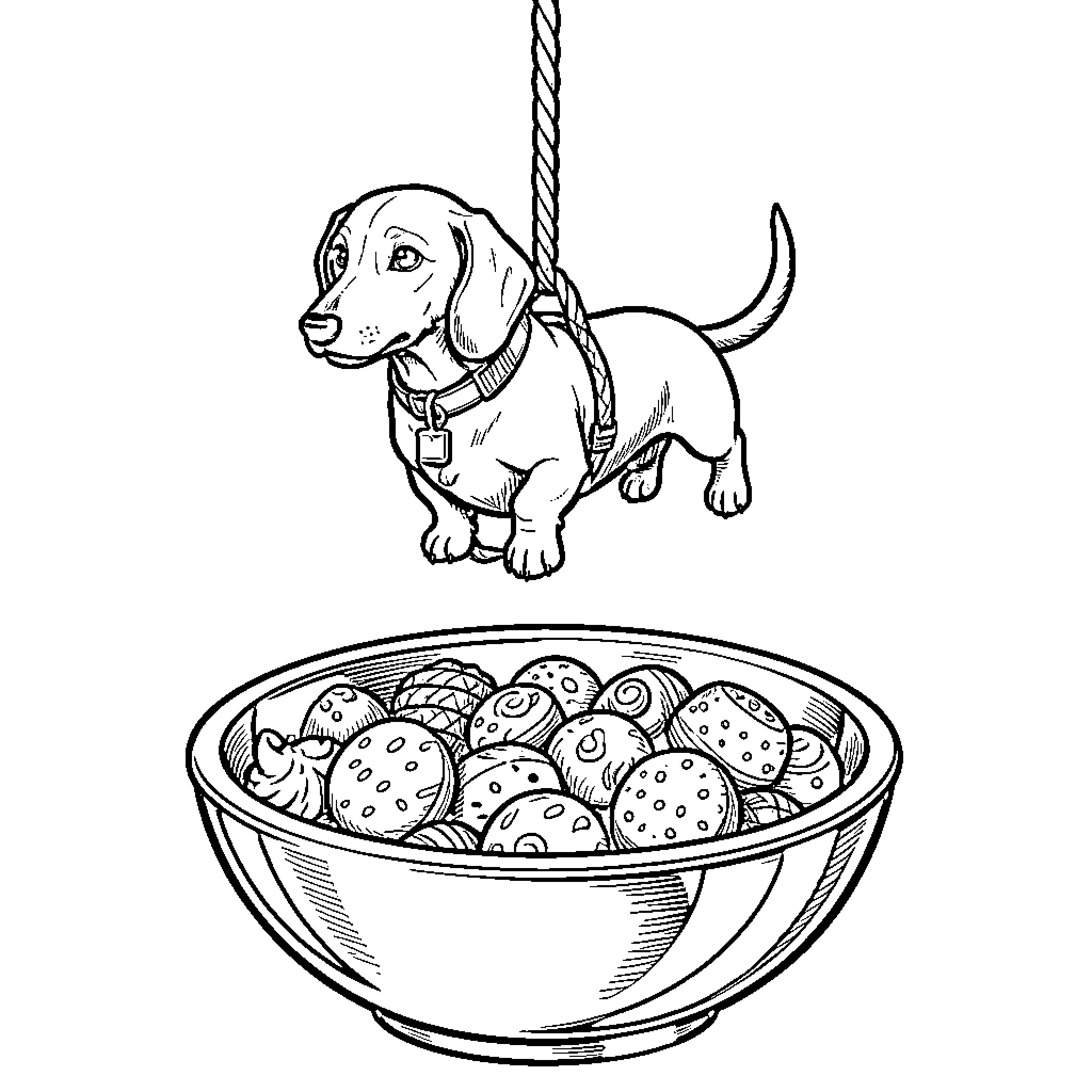 Dachshund suspended above a bowl of treats Coloring Page (free black-and-white line drawing printable PDF for all, from beginners to advanced learners, including children, teens, adults, and seniors)