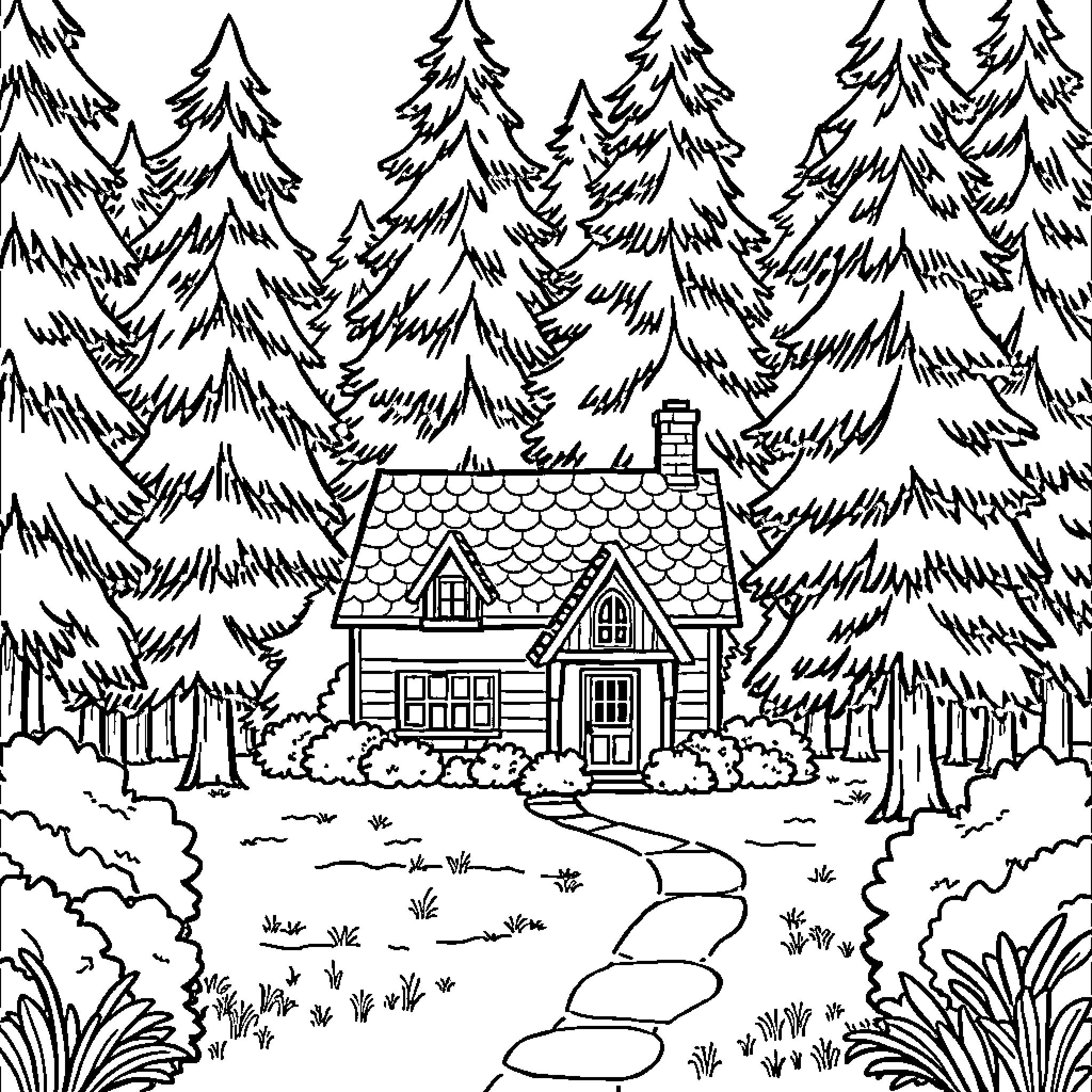 House surrounded by snowy forest landscape Coloring Page (free black-and-white line drawing printable PDF for all, from beginners to advanced learners, including children, teens, adults, and seniors)