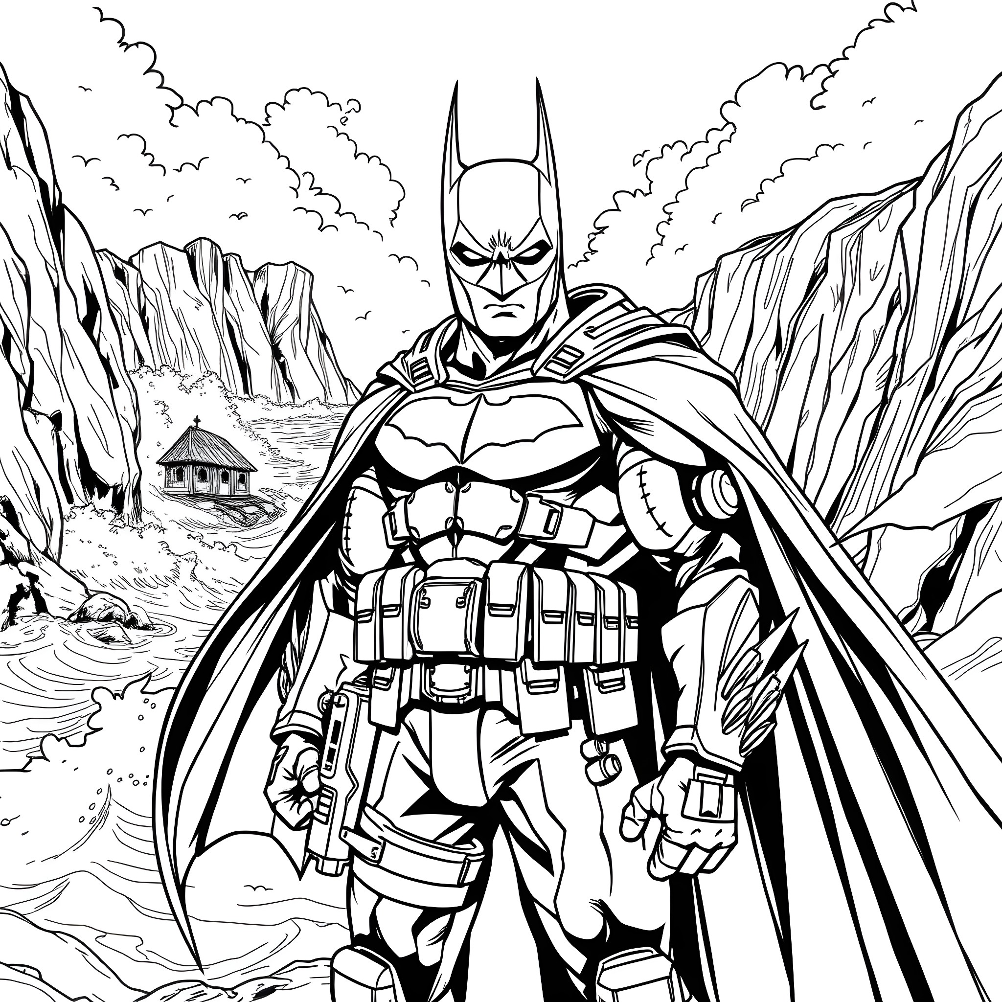 Batman in Action Poses in a Dramatic Landscape Coloring Page (free black-and-white line drawing printable PDF for all, from beginners to advanced learners, including children, teens, adults, and seniors)
