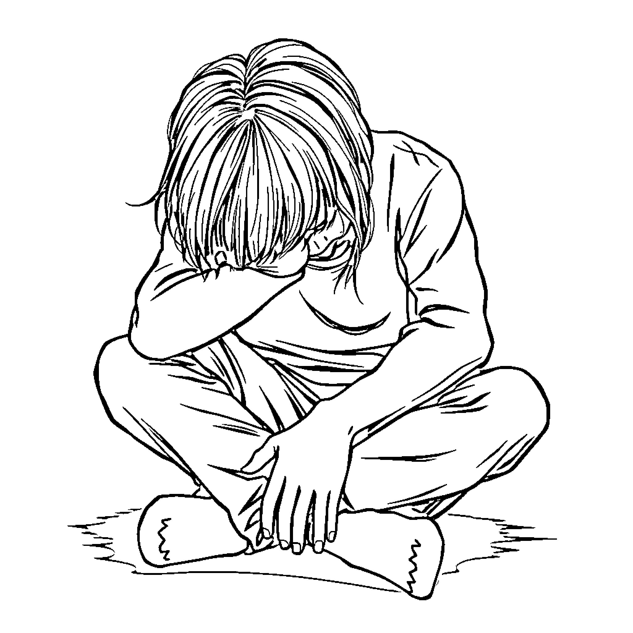 Sad figure huddled in isolation Coloring Page (free black-and-white line drawing printable PDF for all, from beginners to advanced learners, including children, teens, adults, and seniors)