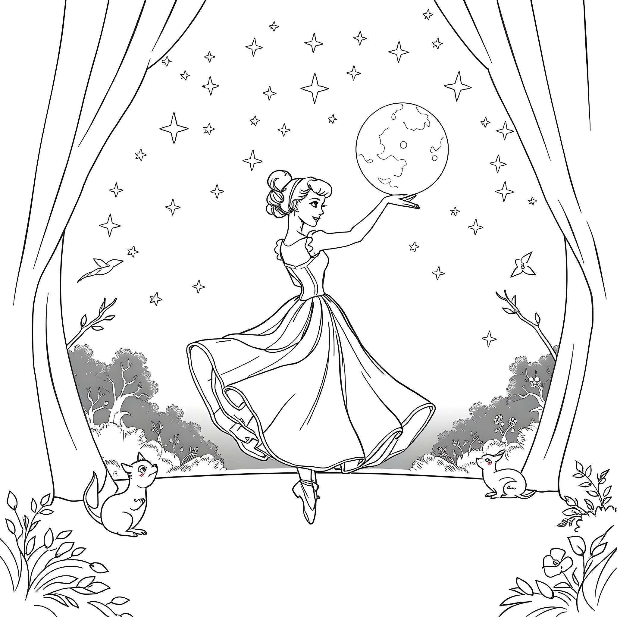 Cinderella dancing gracefully under the starry night sky Coloring Page (free black-and-white line drawing printable PDF for all, from beginners to advanced learners, including children, teens, adults, and seniors)