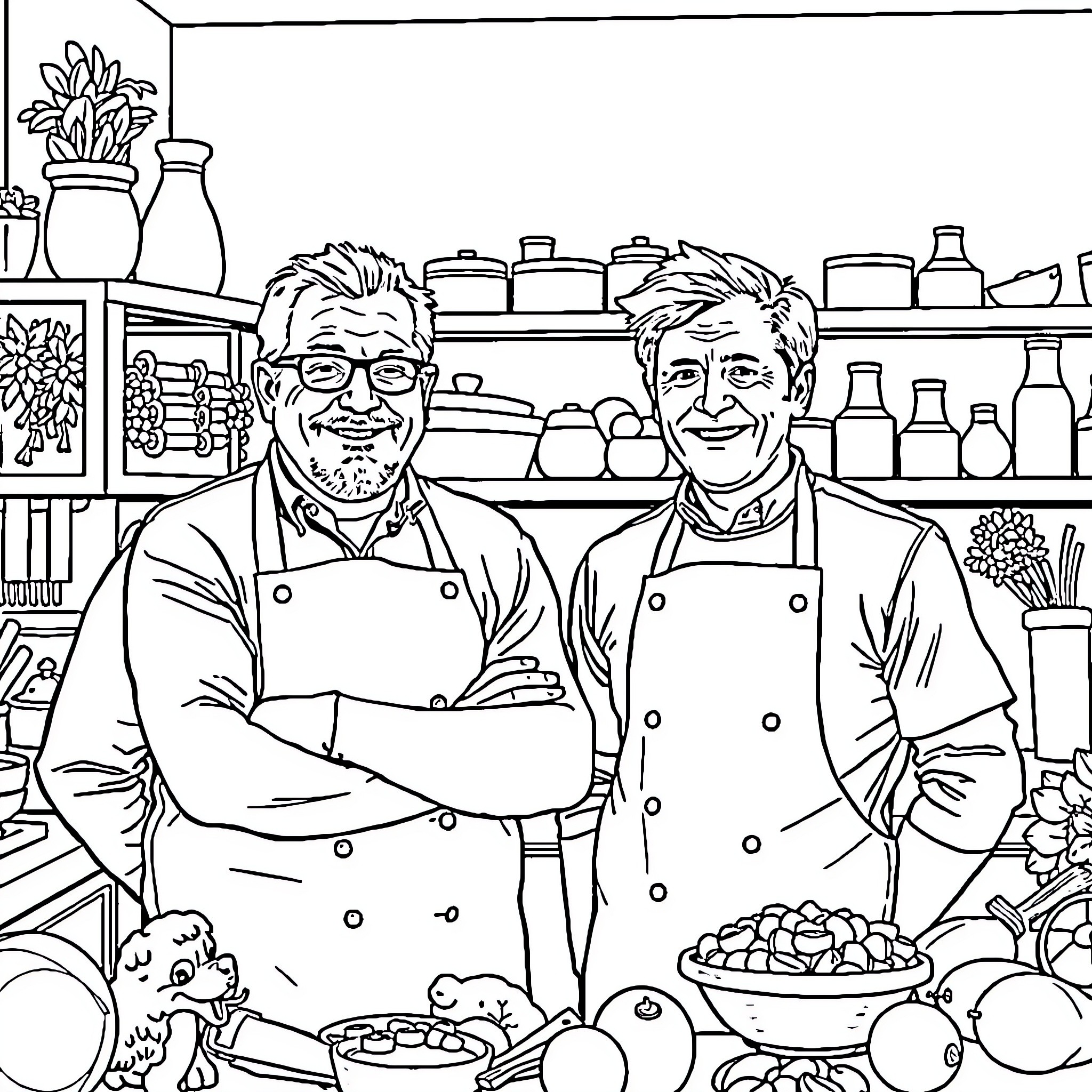 Uncle Roger's Kitchen: A Culinary Duo in Action Coloring Page (free black-and-white line drawing printable PDF for all, from beginners to advanced learners, including children, teens, adults, and seniors)
