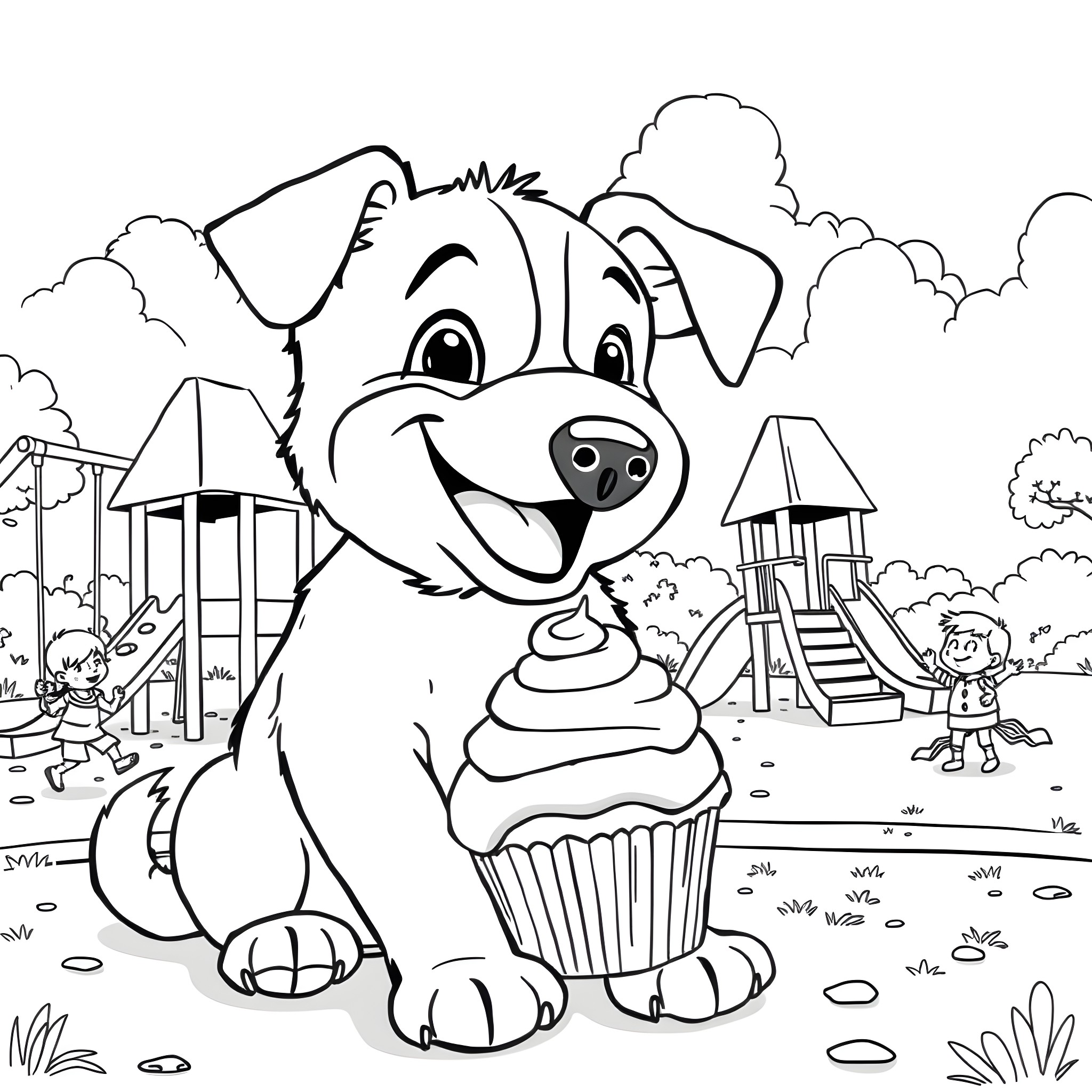 Dog enjoying a cupcake in the park Coloring Page (free black-and-white line drawing printable PDF for all, from beginners to advanced learners, including children, teens, adults, and seniors)