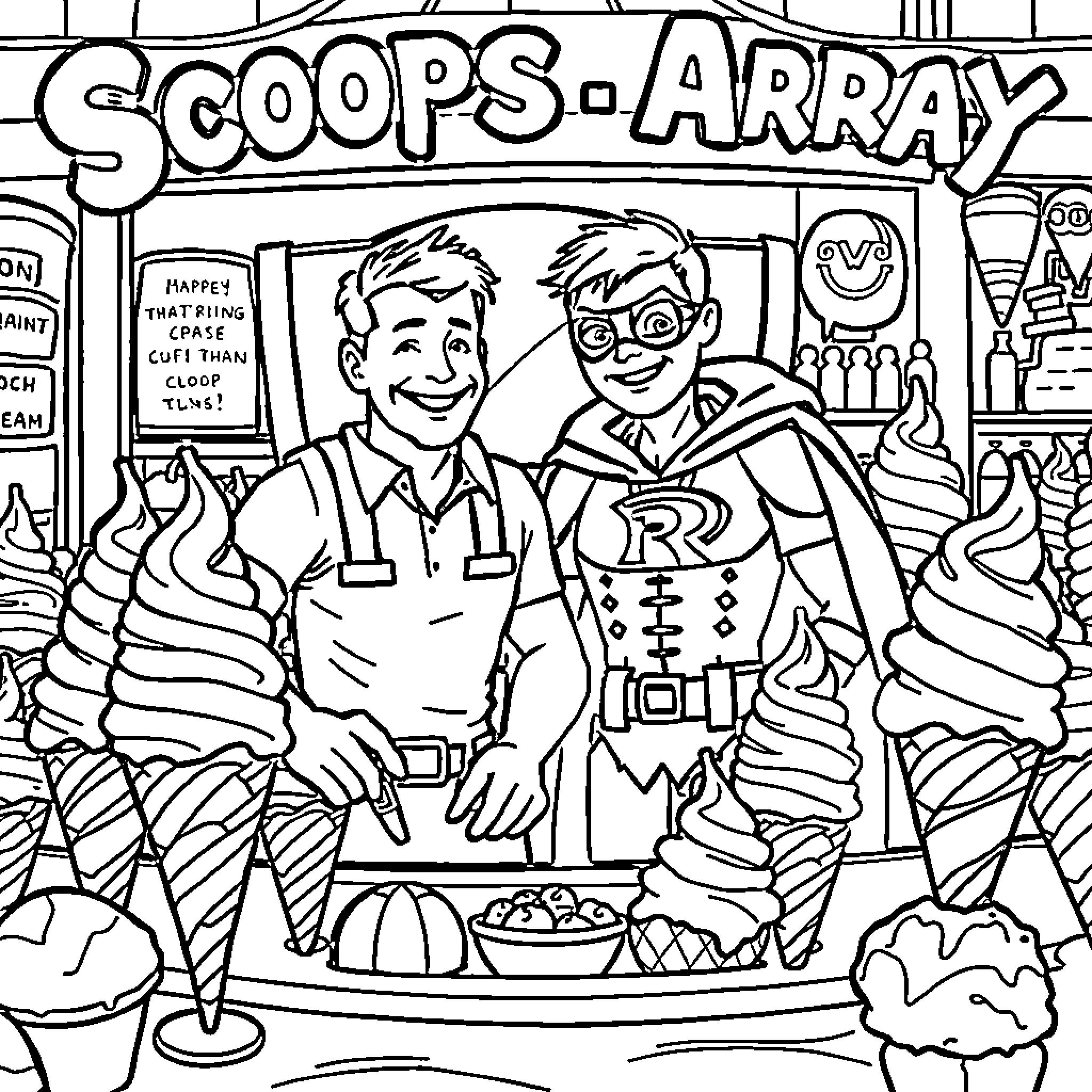 Steve and Robin Working at the Scoops Ahoy Ice Cream Shop Coloring Page (free black-and-white line drawing printable PDF for all, from beginners to advanced learners, including children, teens, adults, and seniors)