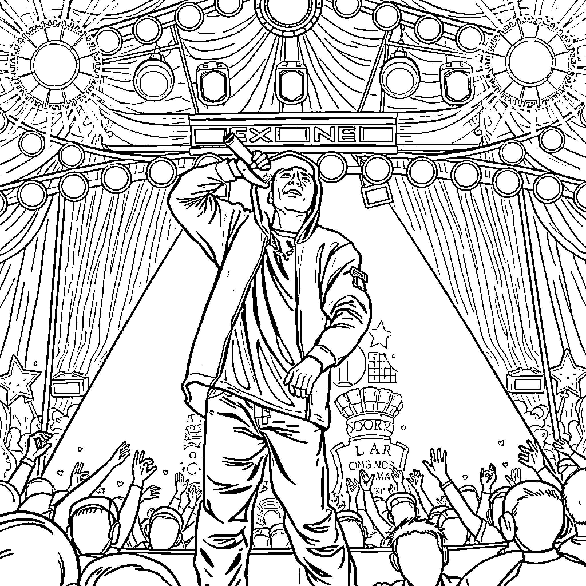 Eminem performing on stage in front of adoring fans Coloring Page (free black-and-white line drawing printable PDF for all, from beginners to advanced learners, including children, teens, adults, and seniors)