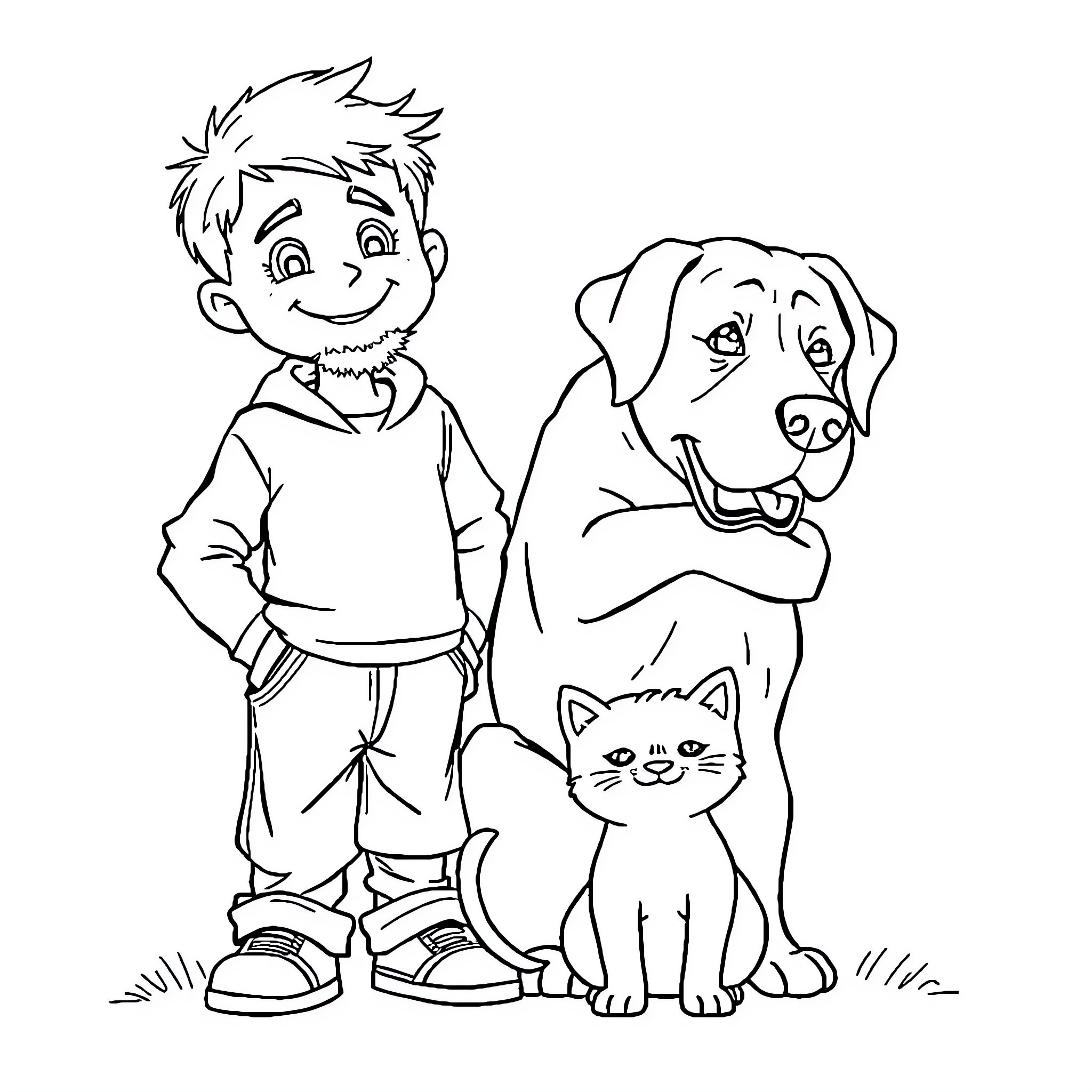 Boy and Girl with Friendly Dog and Cat Coloring Page (free black-and-white line drawing printable PDF for all, from beginners to advanced learners, including children, teens, adults, and seniors)