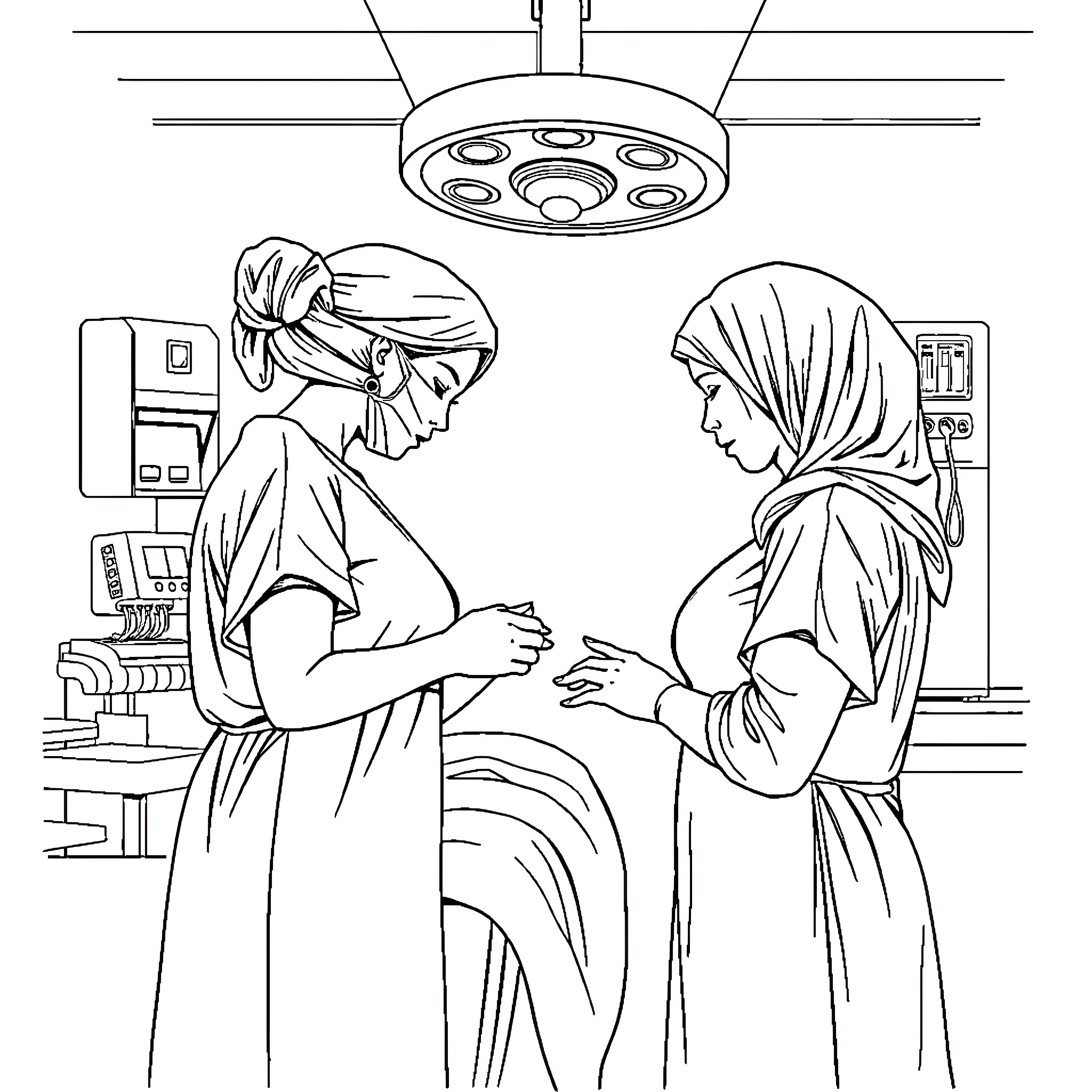 Woman in medical attire consulting with patient Coloring Page (free black-and-white line drawing printable PDF for all, from beginners to advanced learners, including children, teens, adults, and seniors)