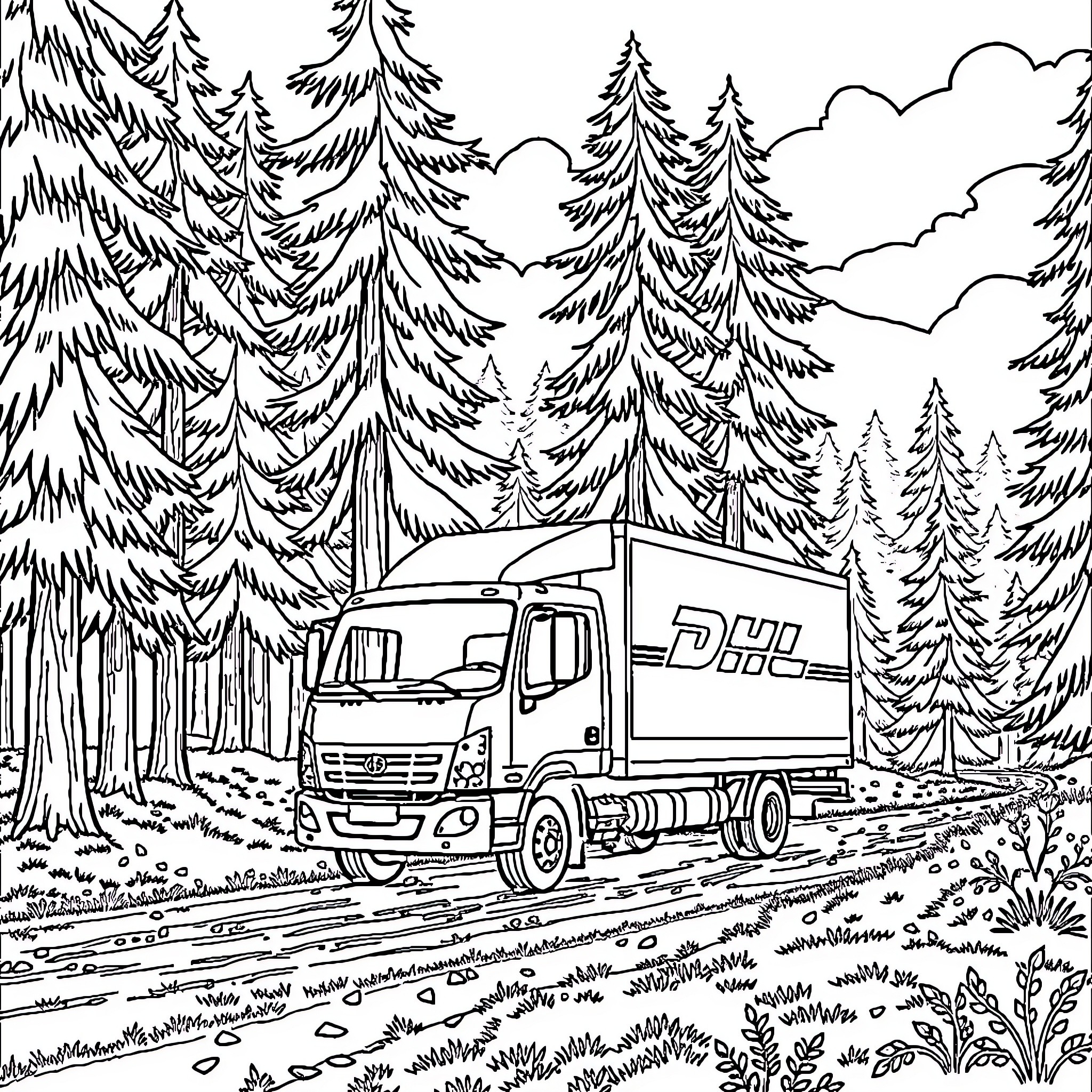 DHL Truck Navigating Through Forested Landscape Coloring Page (free black-and-white line drawing printable PDF for all, from beginners to advanced learners, including children, teens, adults, and seniors)
