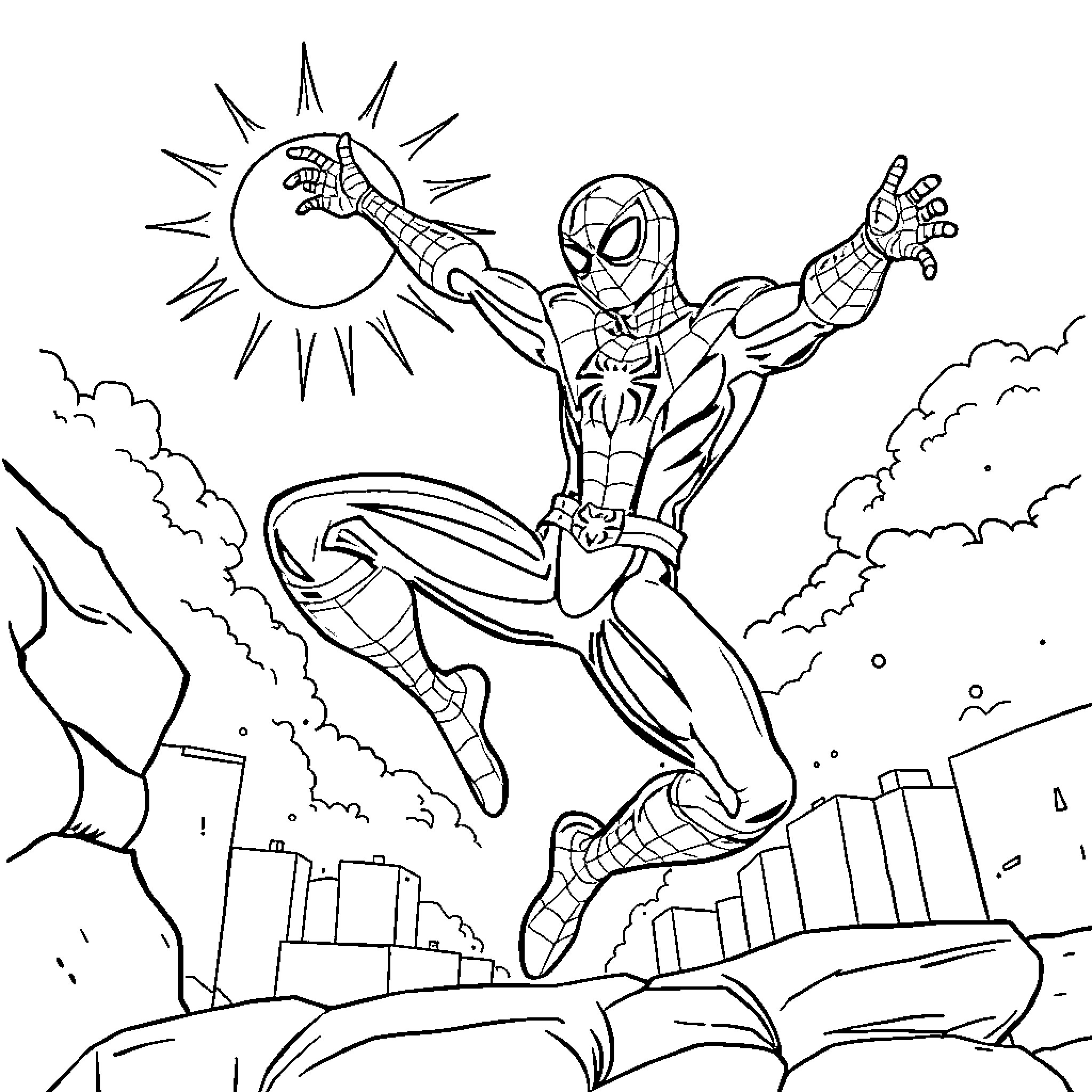 Spiderman swinging through the city with his web shooters Coloring Page (free black-and-white line drawing printable PDF for all, from beginners to advanced learners, including children, teens, adults, and seniors)