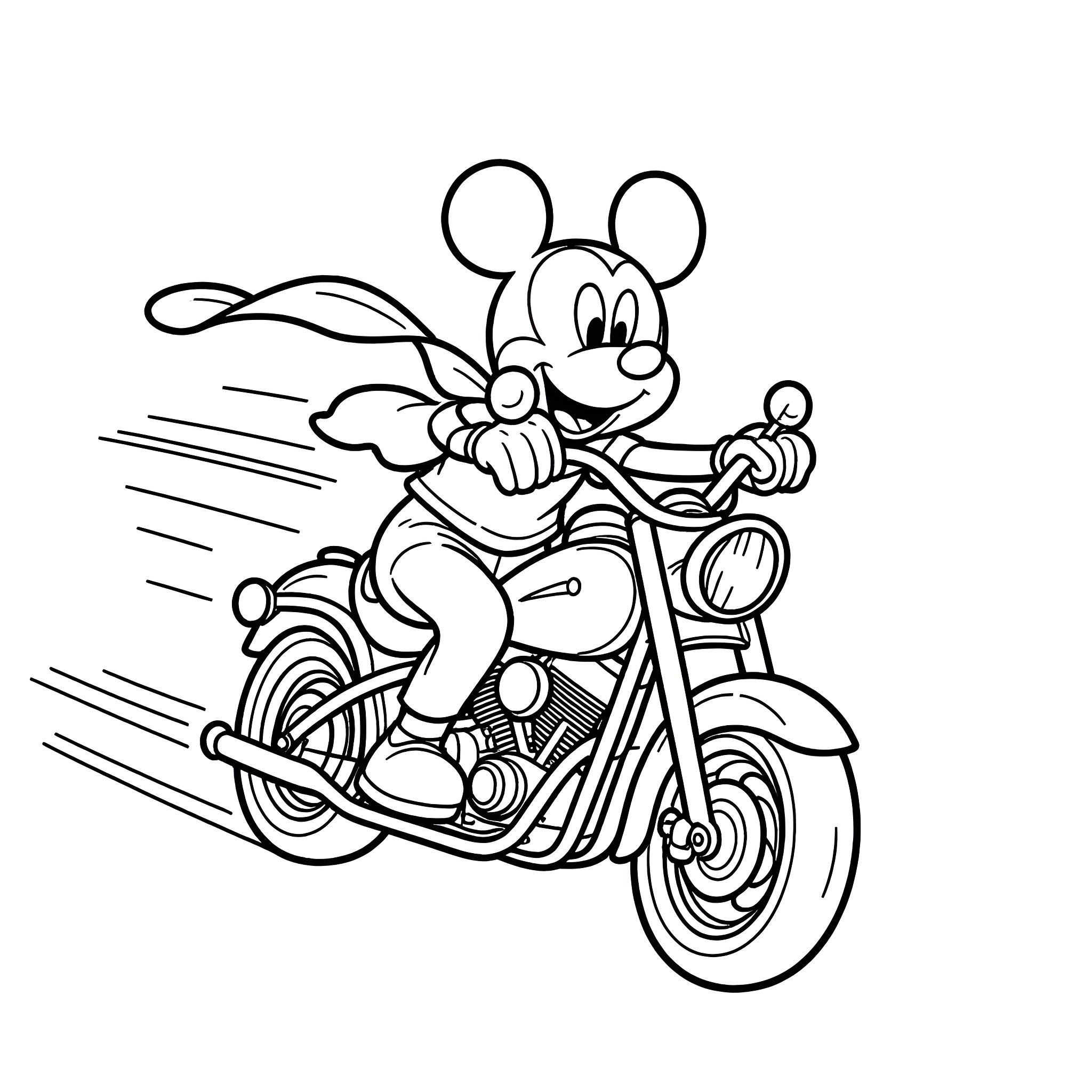 Mickey Mouse riding a motorcycle Coloring Page (free black-and-white line drawing printable PDF for all, from beginners to advanced learners, including children, teens, adults, and seniors)
