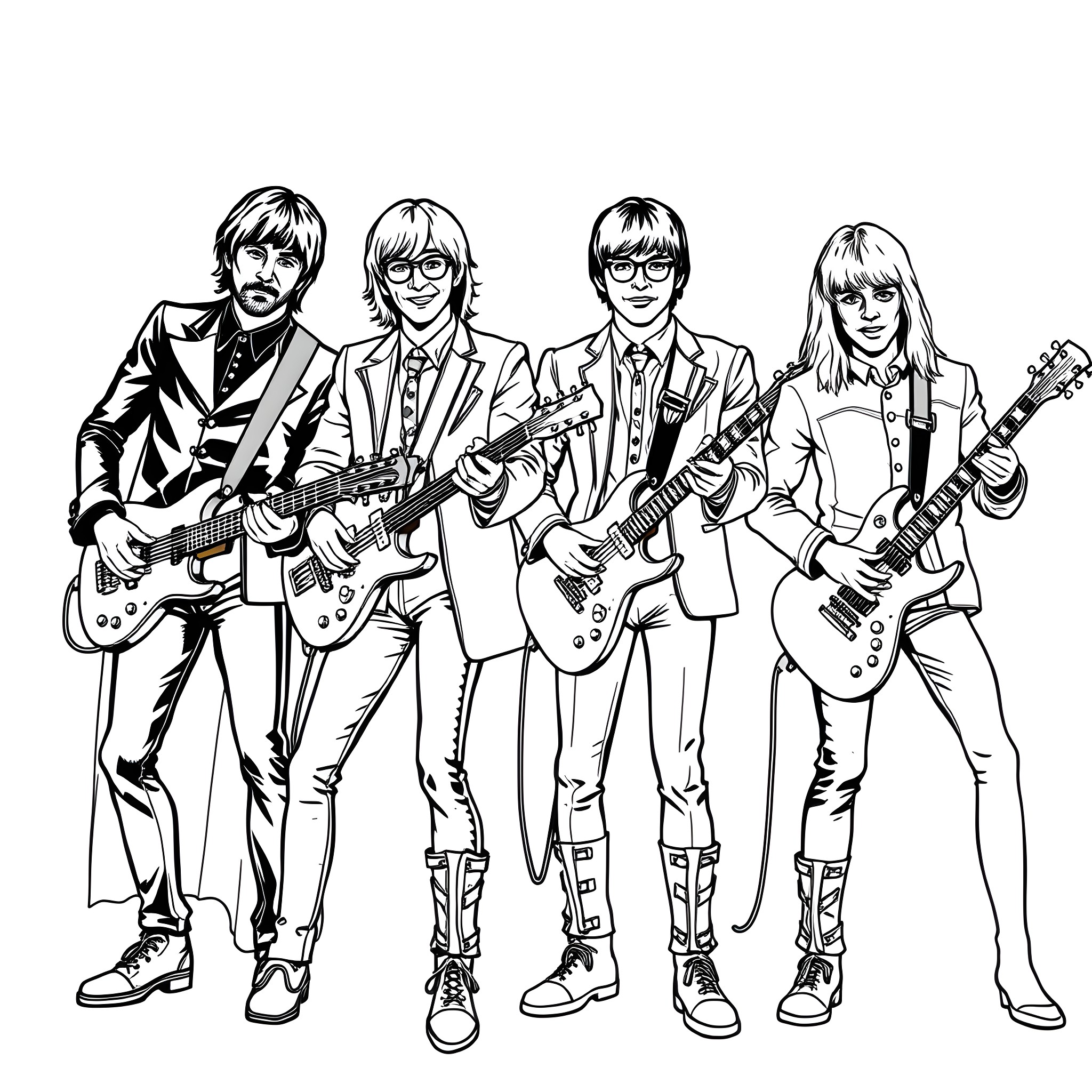 Beatles playing electric guitars in rock star outfits Coloring Page (free black-and-white line drawing printable PDF for all, from beginners to advanced learners, including children, teens, adults, and seniors)
