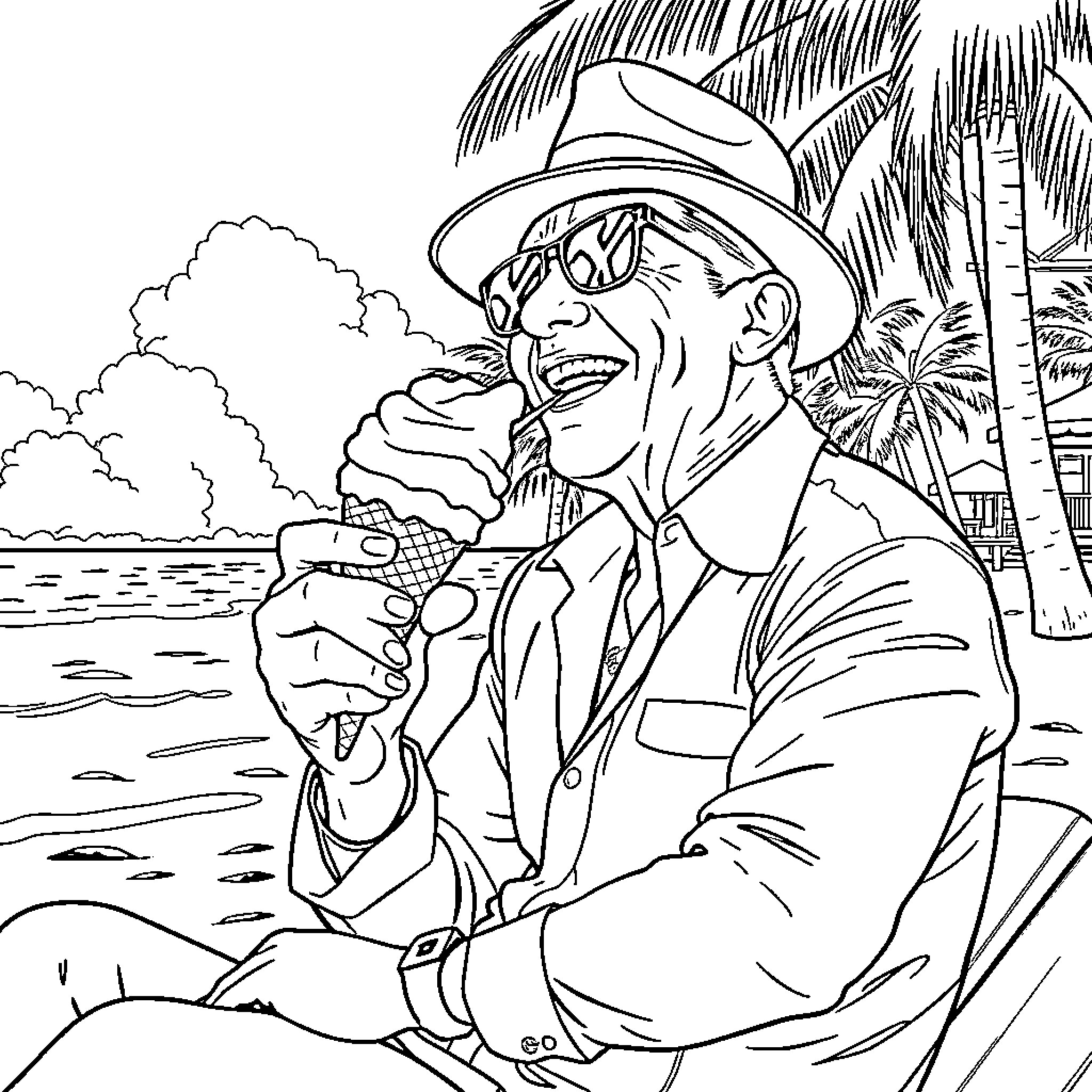 Frank Sinatra enjoying a tropical beach scene Coloring Page (free black-and-white line drawing printable PDF for all, from beginners to advanced learners, including children, teens, adults, and seniors)