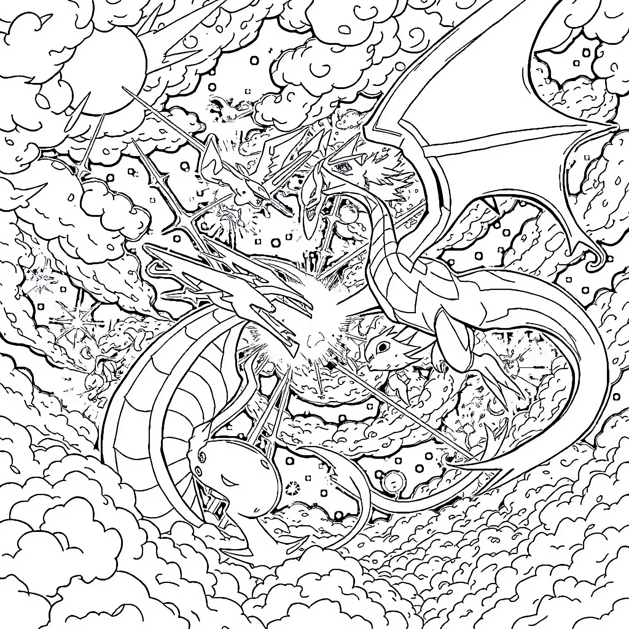 Pokémon battling fiercely in the skies Coloring Page (free black-and-white line drawing printable PDF for all, from beginners to advanced learners, including children, teens, adults, and seniors)