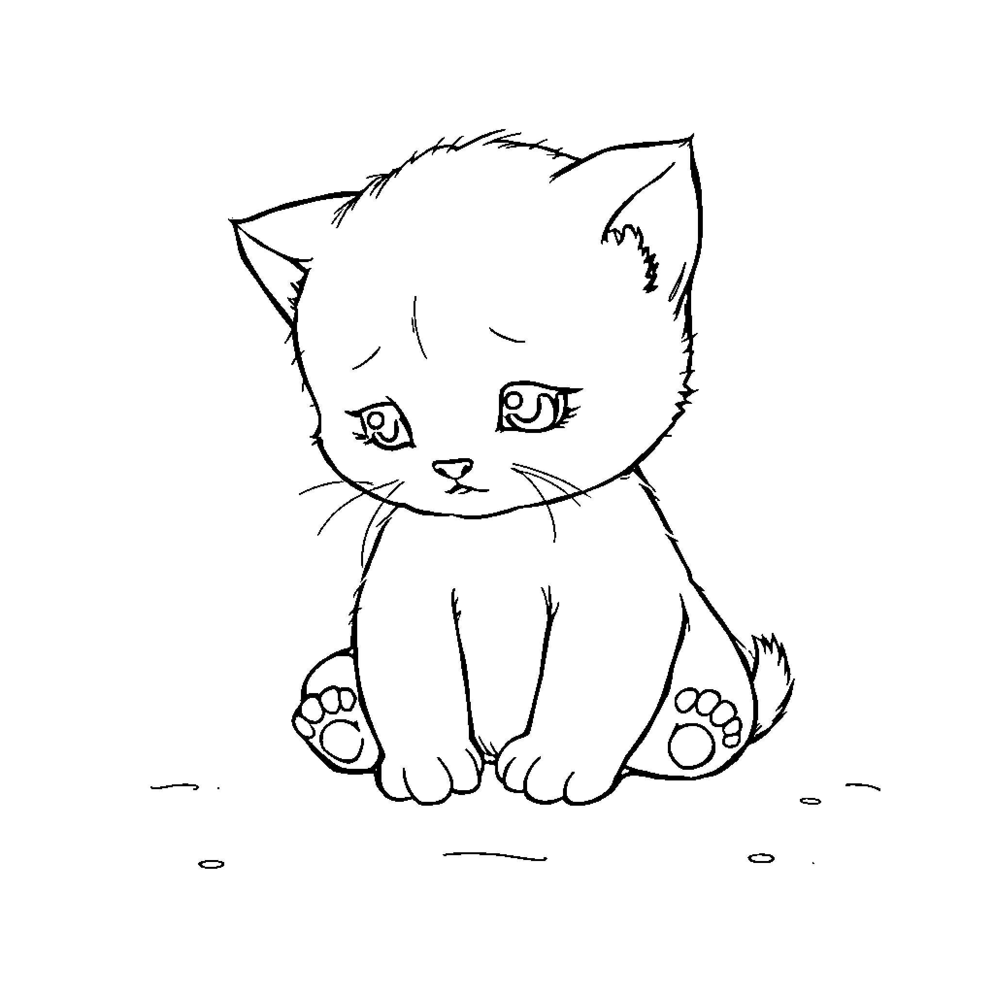 Kitten sitting contentedly Coloring Page (free black-and-white line drawing printable PDF for all, from beginners to advanced learners, including children, teens, adults, and seniors)