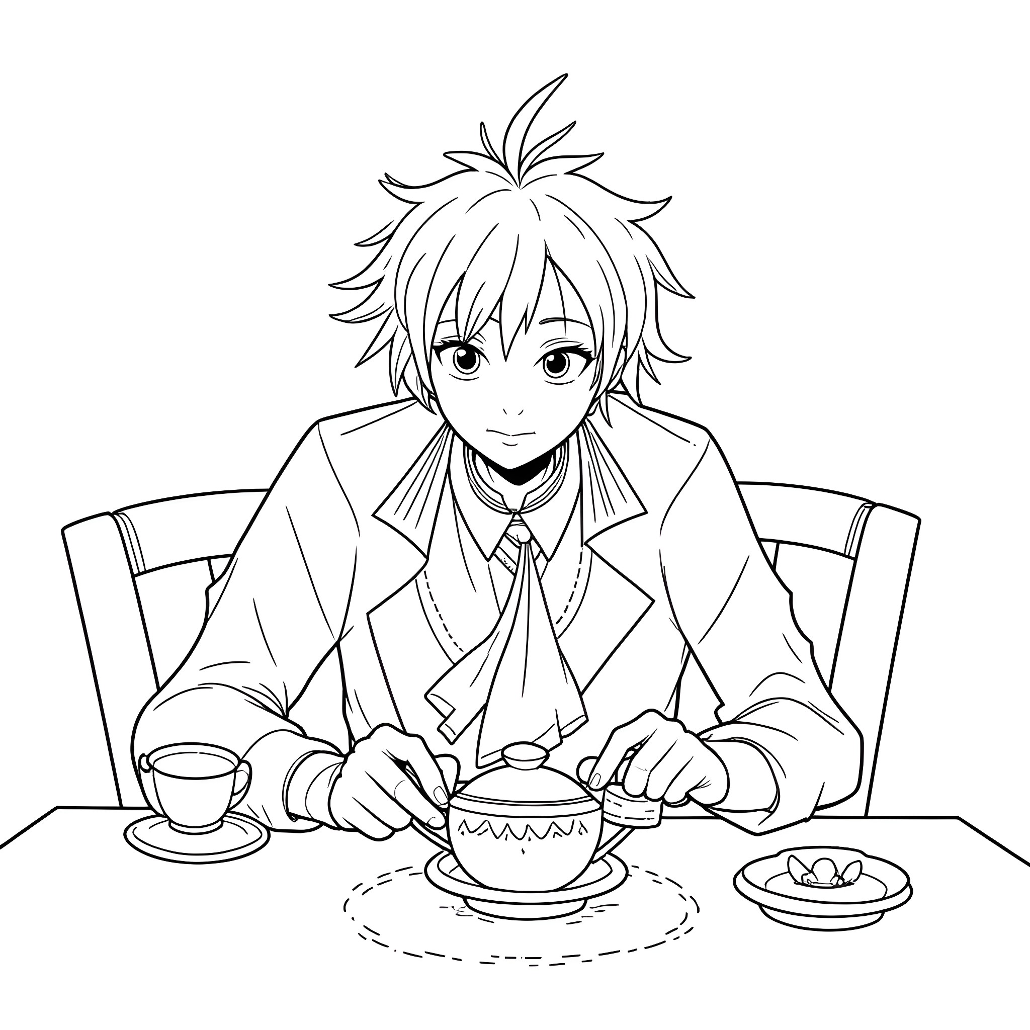 Tanjiro enjoying a peaceful meal Coloring Page (free black-and-white line drawing printable PDF for all, from beginners to advanced learners, including children, teens, adults, and seniors)