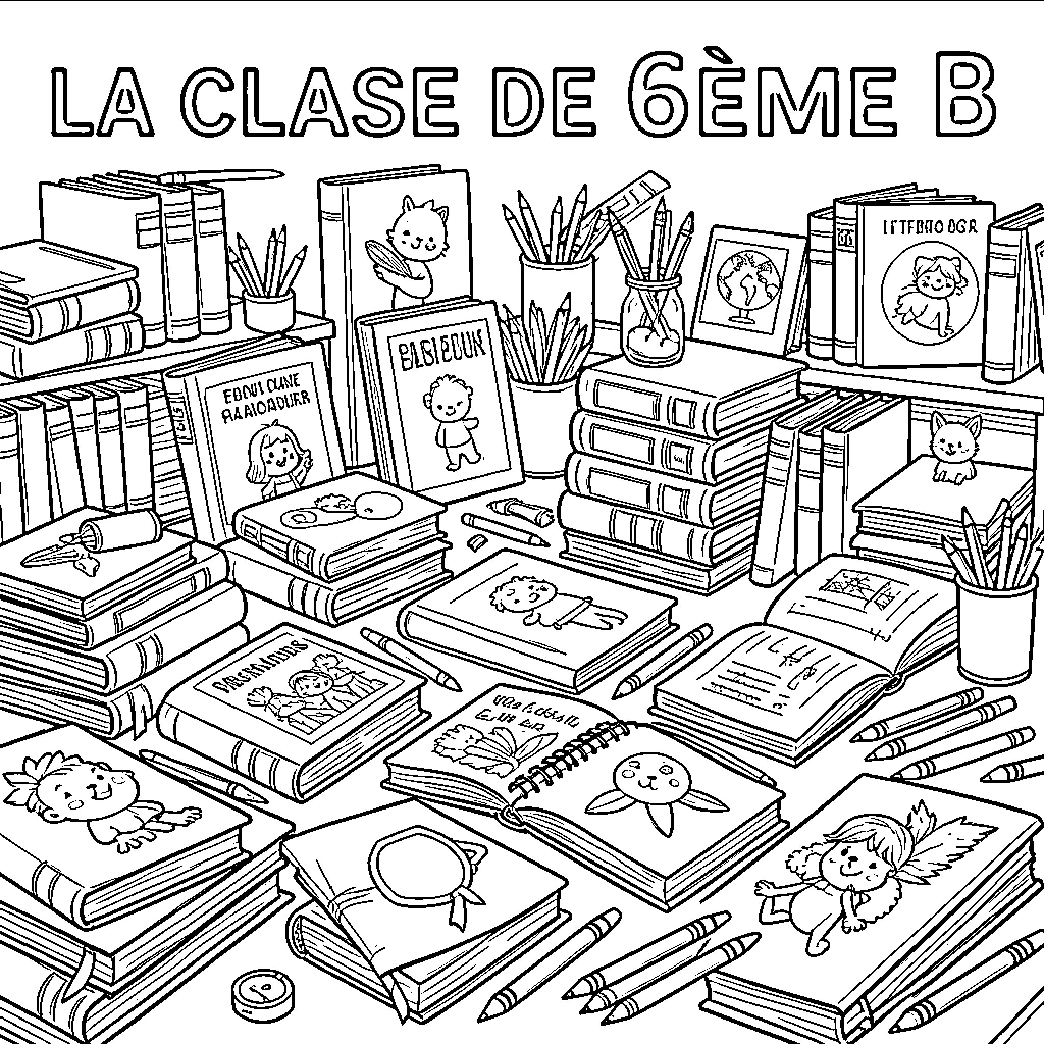 School Objects scattered across a desk with many books Coloring Page (free black-and-white line drawing printable PDF for all, from beginners to advanced learners, including children, teens, adults, and seniors)