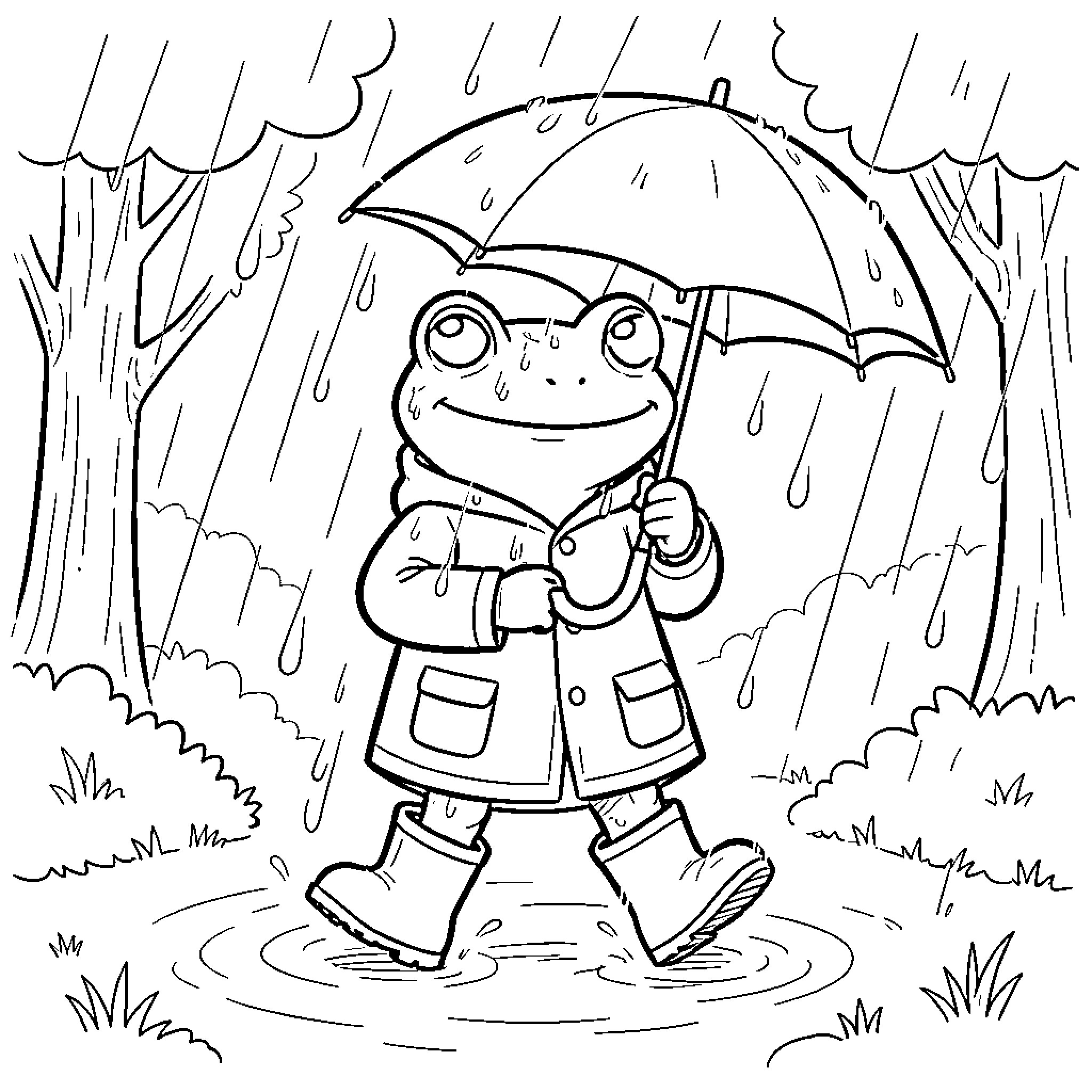 Frog walking in the rain with an umbrella Coloring Page (free black-and-white line drawing printable PDF for all, from beginners to advanced learners, including children, teens, adults, and seniors)