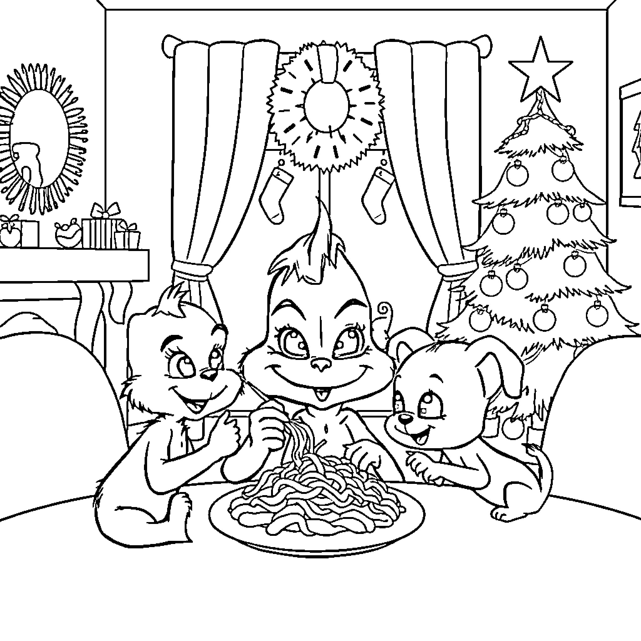 Grinch enjoying Christmas feast with cheerful companions Coloring Page (free black-and-white line drawing printable PDF for all, from beginners to advanced learners, including children, teens, adults, and seniors)