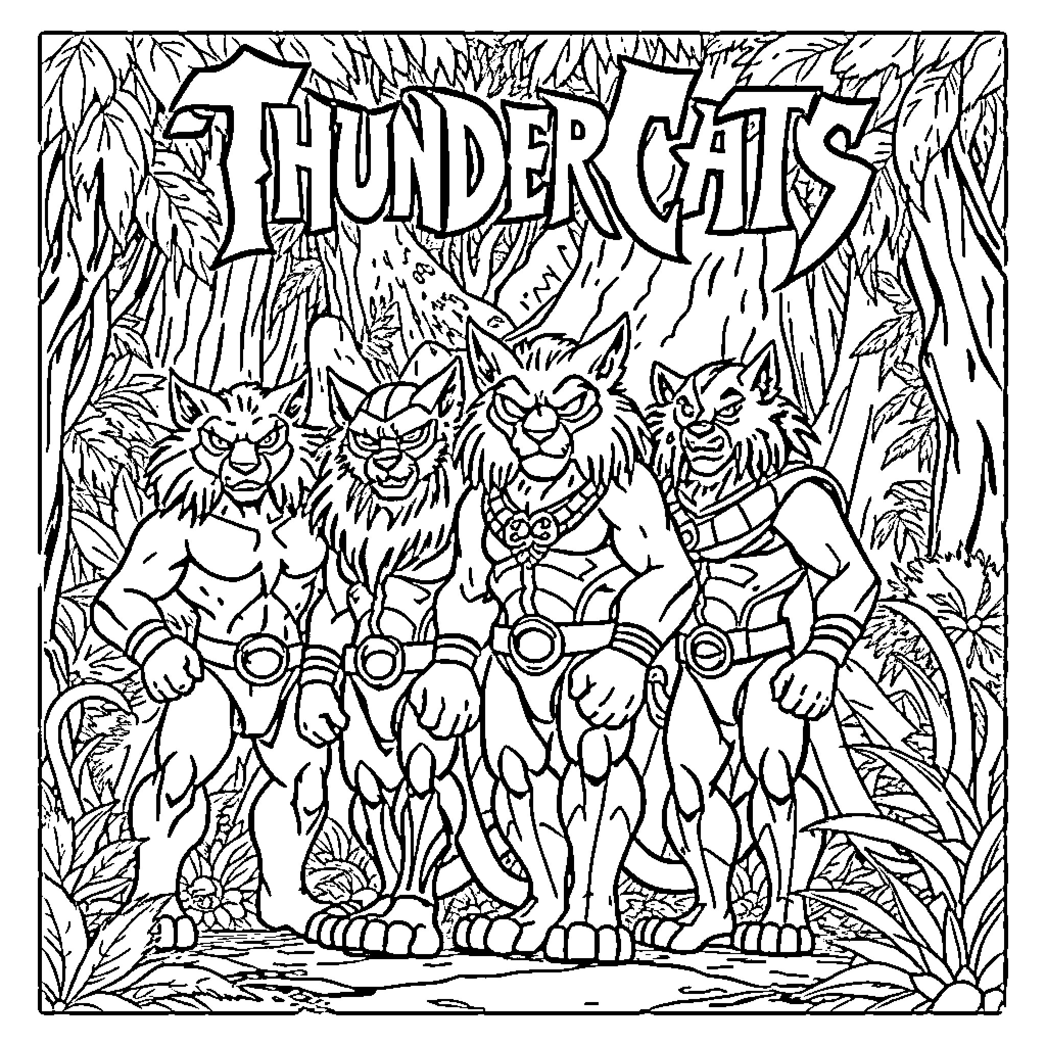 Thundercats group portrait in the jungle Coloring Page (free black-and-white line drawing printable PDF for all, from beginners to advanced learners, including children, teens, adults, and seniors)