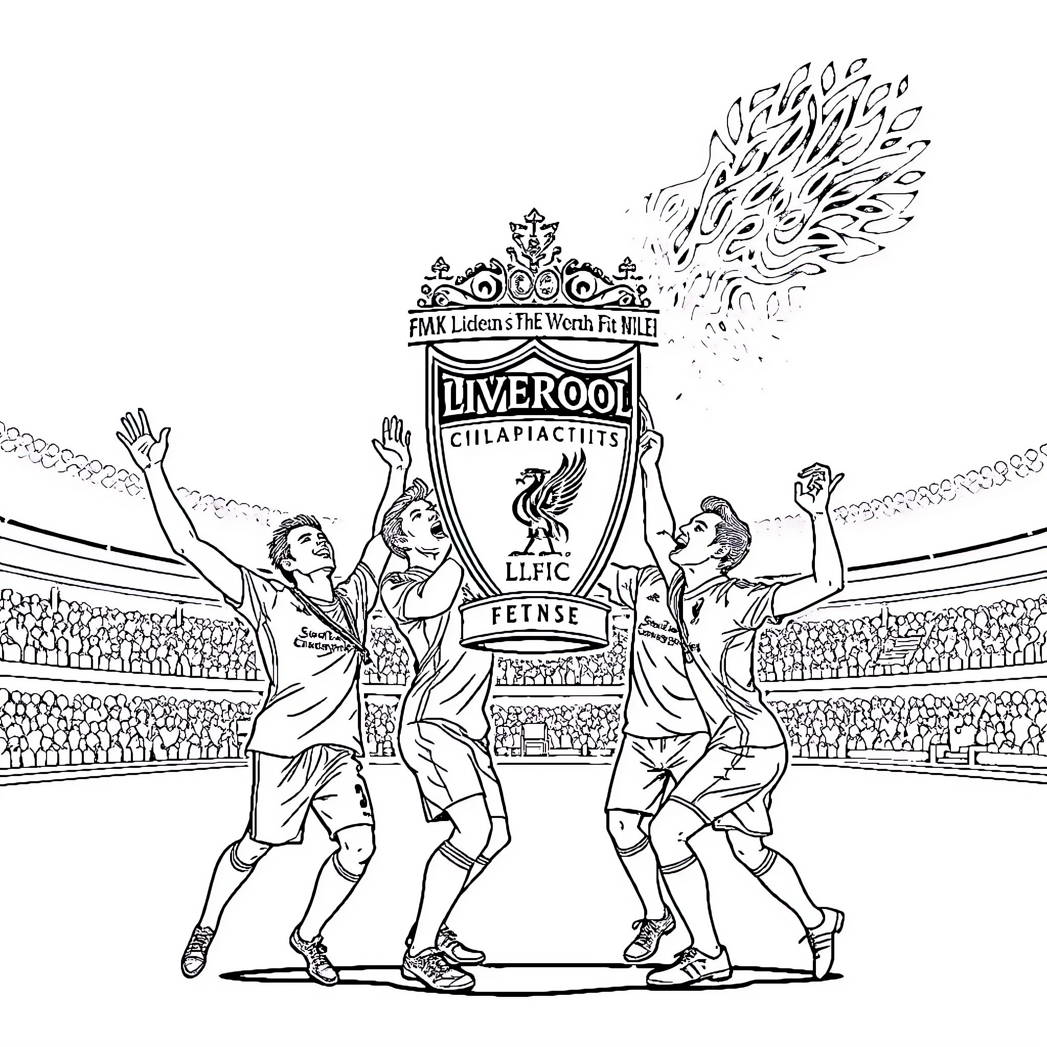 Liverpool players celebrating trophy victory in stadium Coloring Page (free black-and-white line drawing printable PDF for all, from beginners to advanced learners, including children, teens, adults, and seniors)
