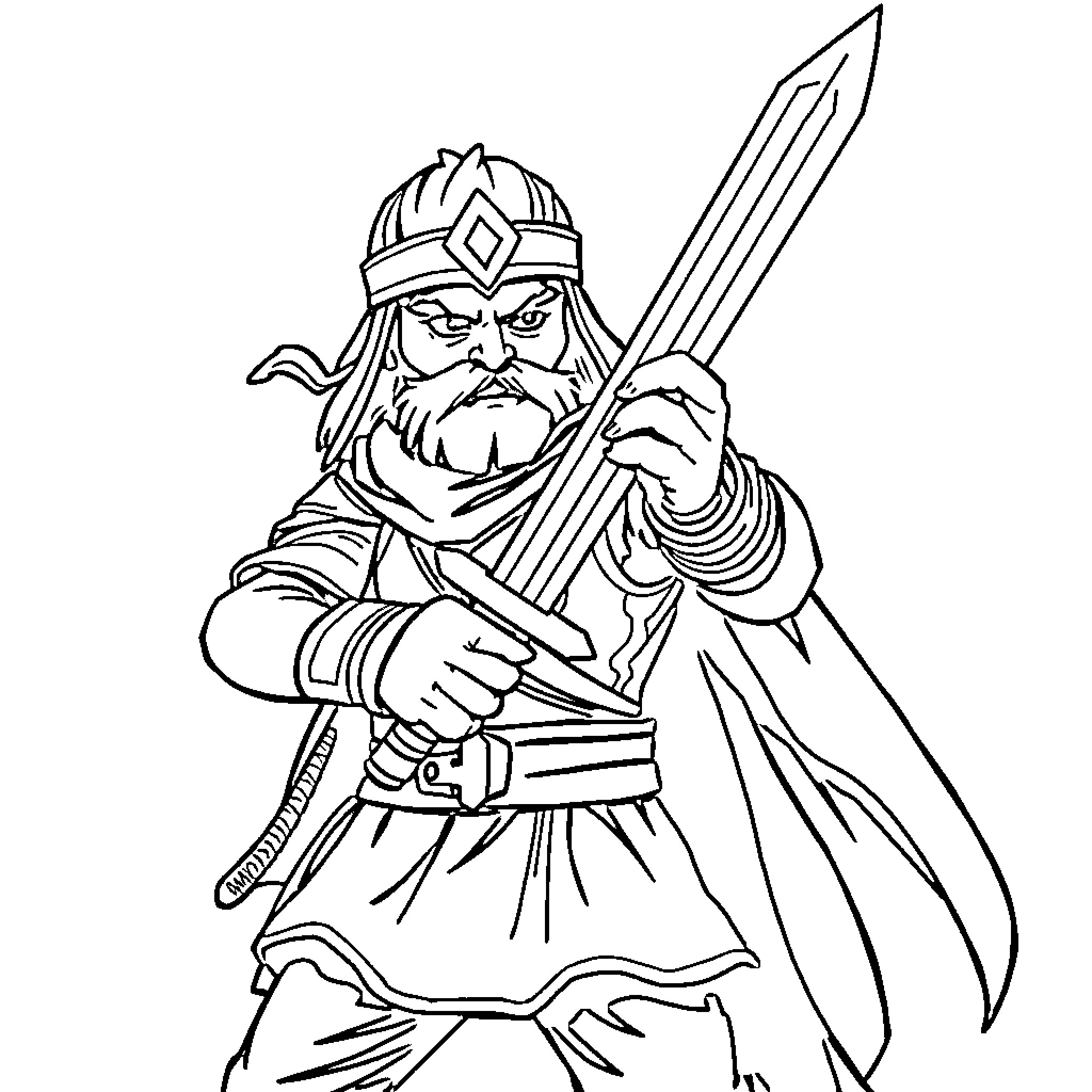 Modi in Warrior Attire Wielding a Sword Coloring Page (free black-and-white line drawing printable PDF for all, from beginners to advanced learners, including children, teens, adults, and seniors)