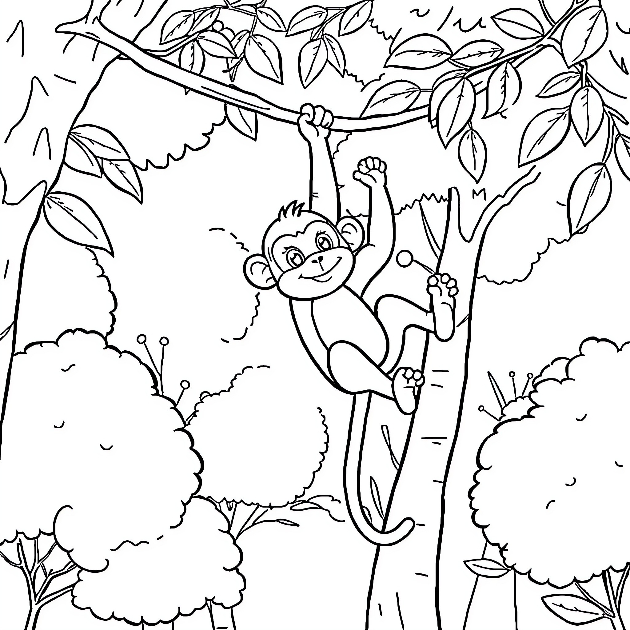 Monkey playing joyfully in lush forest Coloring Page (free black-and-white line drawing printable PDF for all, from beginners to advanced learners, including children, teens, adults, and seniors)
