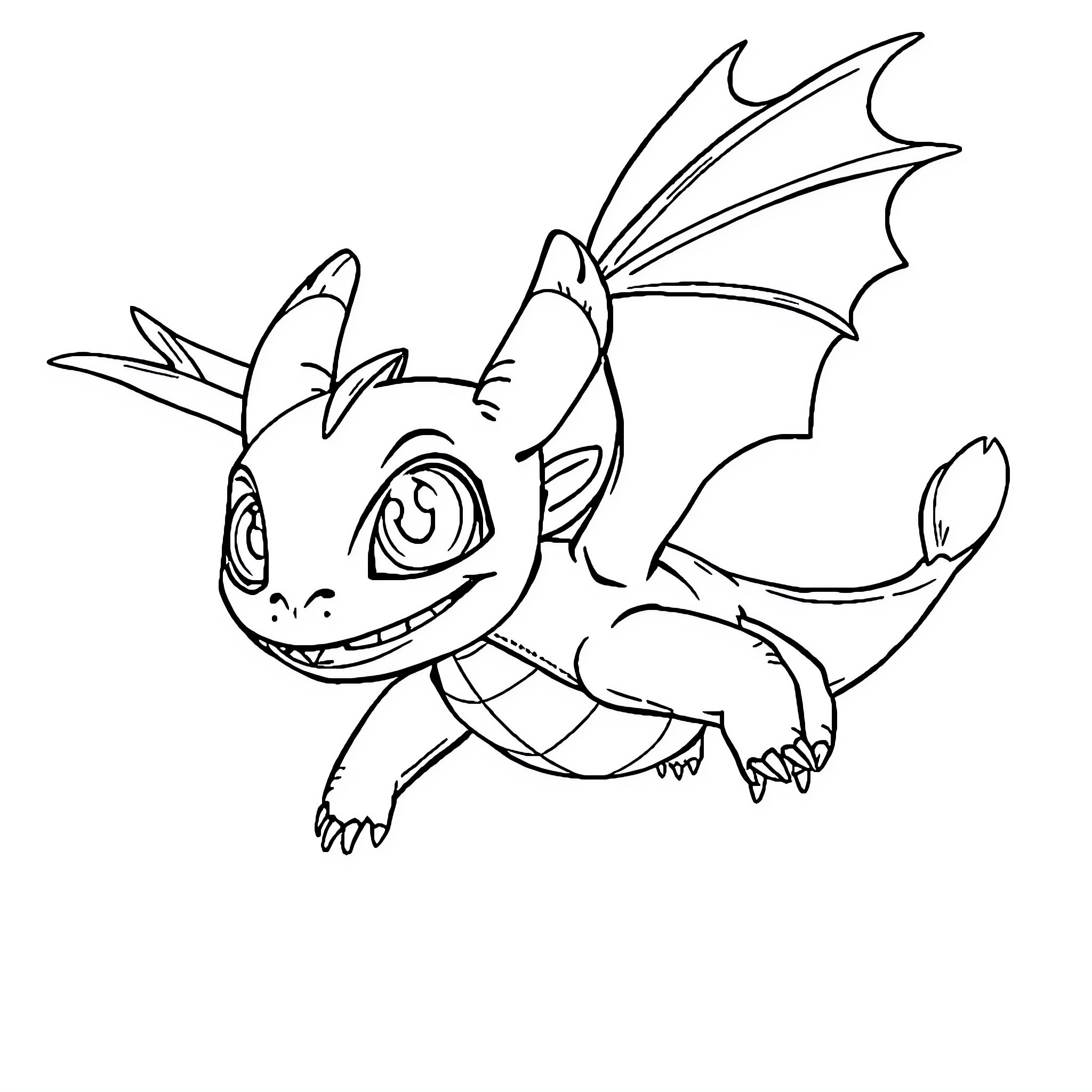 Toothless dragon-like creature flying happily Coloring Page (free black-and-white line drawing printable PDF for all, from beginners to advanced learners, including children, teens, adults, and seniors)