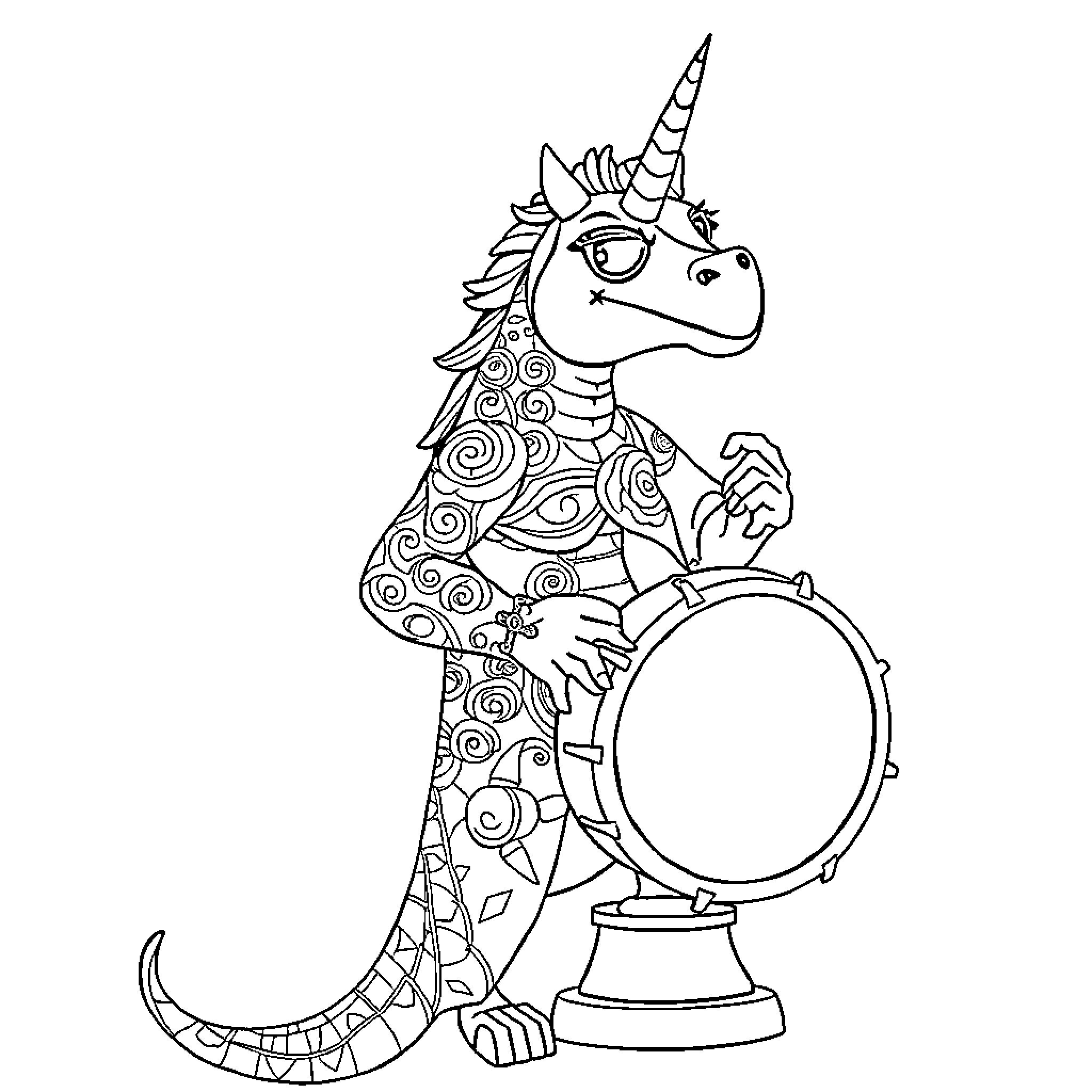 Unicorn playing a drum Coloring Page (free black-and-white line drawing printable PDF for all, from beginners to advanced learners, including children, teens, adults, and seniors)