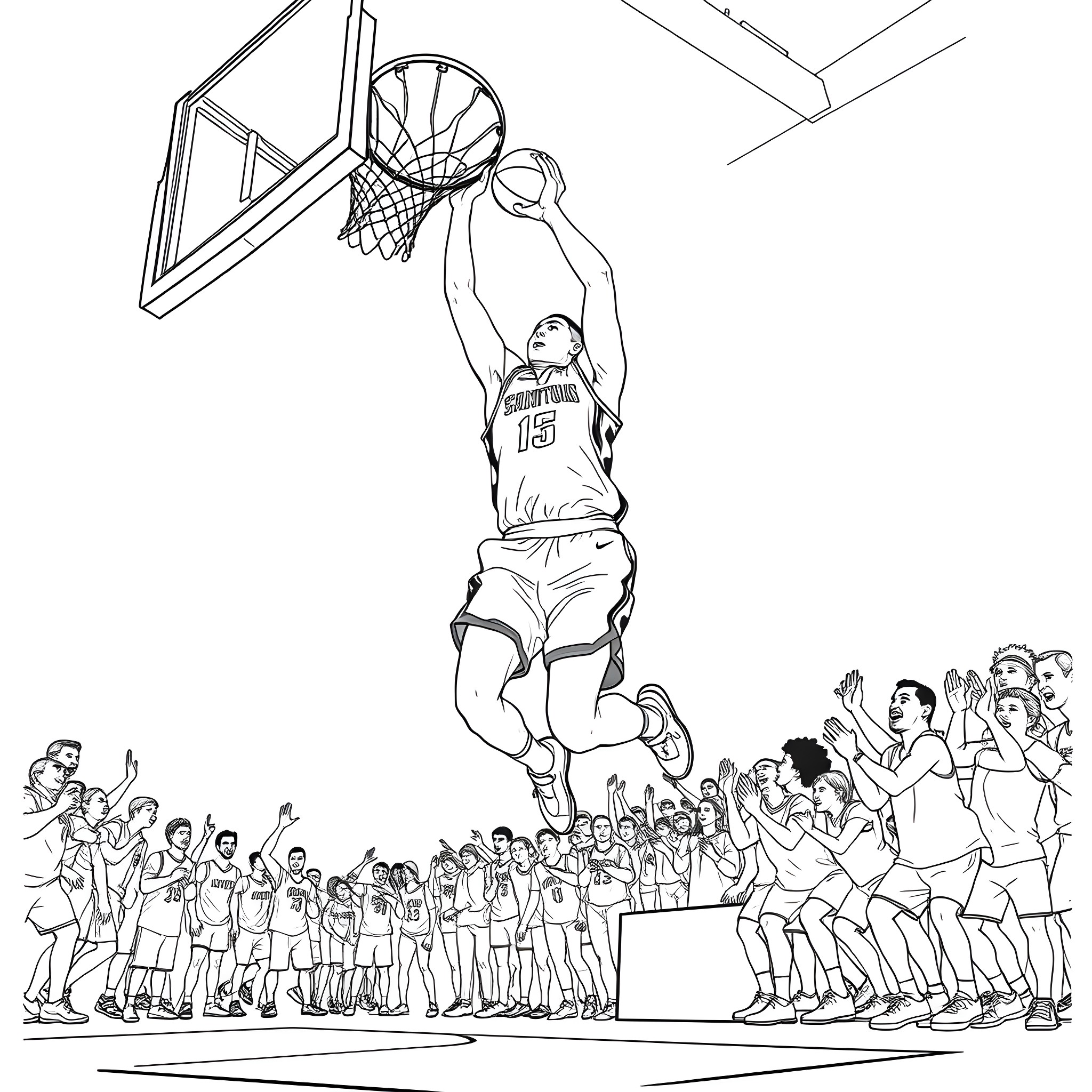 Klay Thompson dunking the basketball in a crowd Coloring Page (free black-and-white line drawing printable PDF for all, from beginners to advanced learners, including children, teens, adults, and seniors)