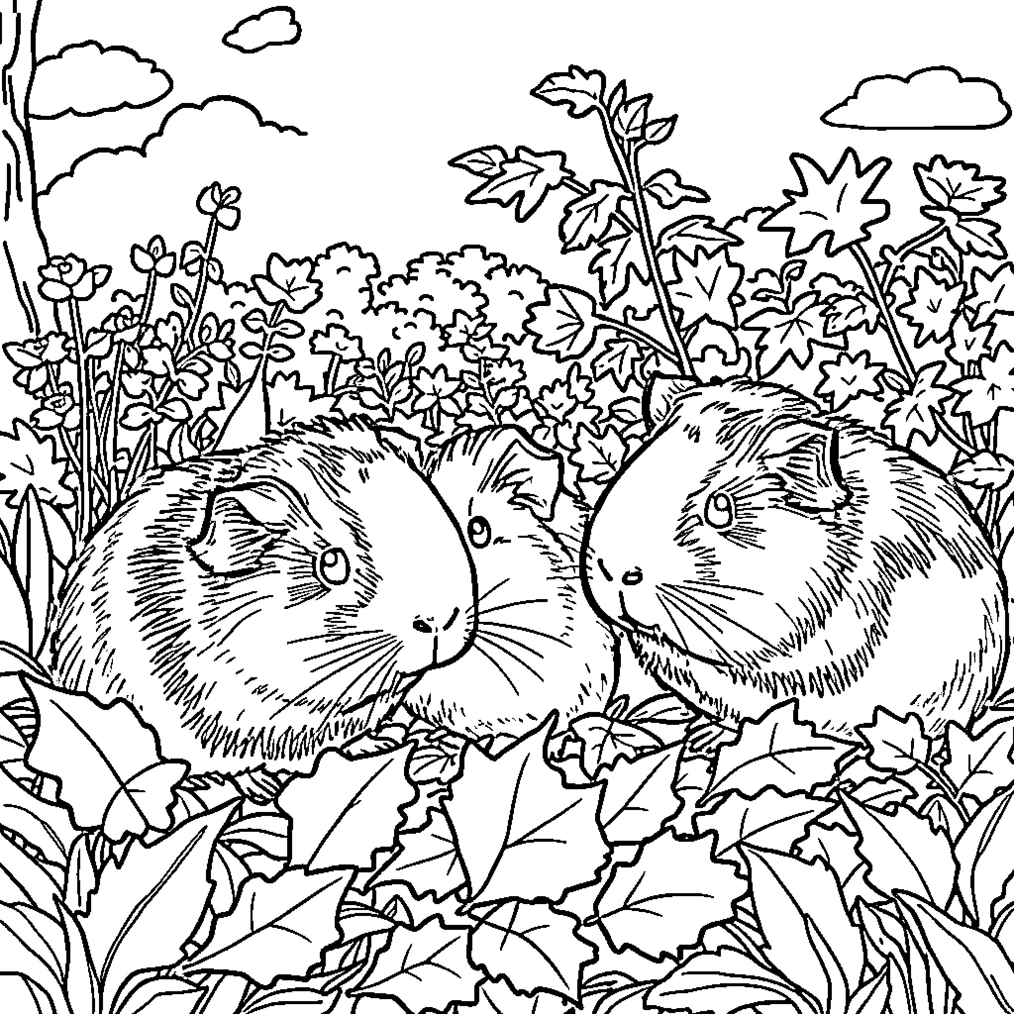 Guinea Pig enjoying the natural surroundings Coloring Page (free black-and-white line drawing printable PDF for all, from beginners to advanced learners, including children, teens, adults, and seniors)