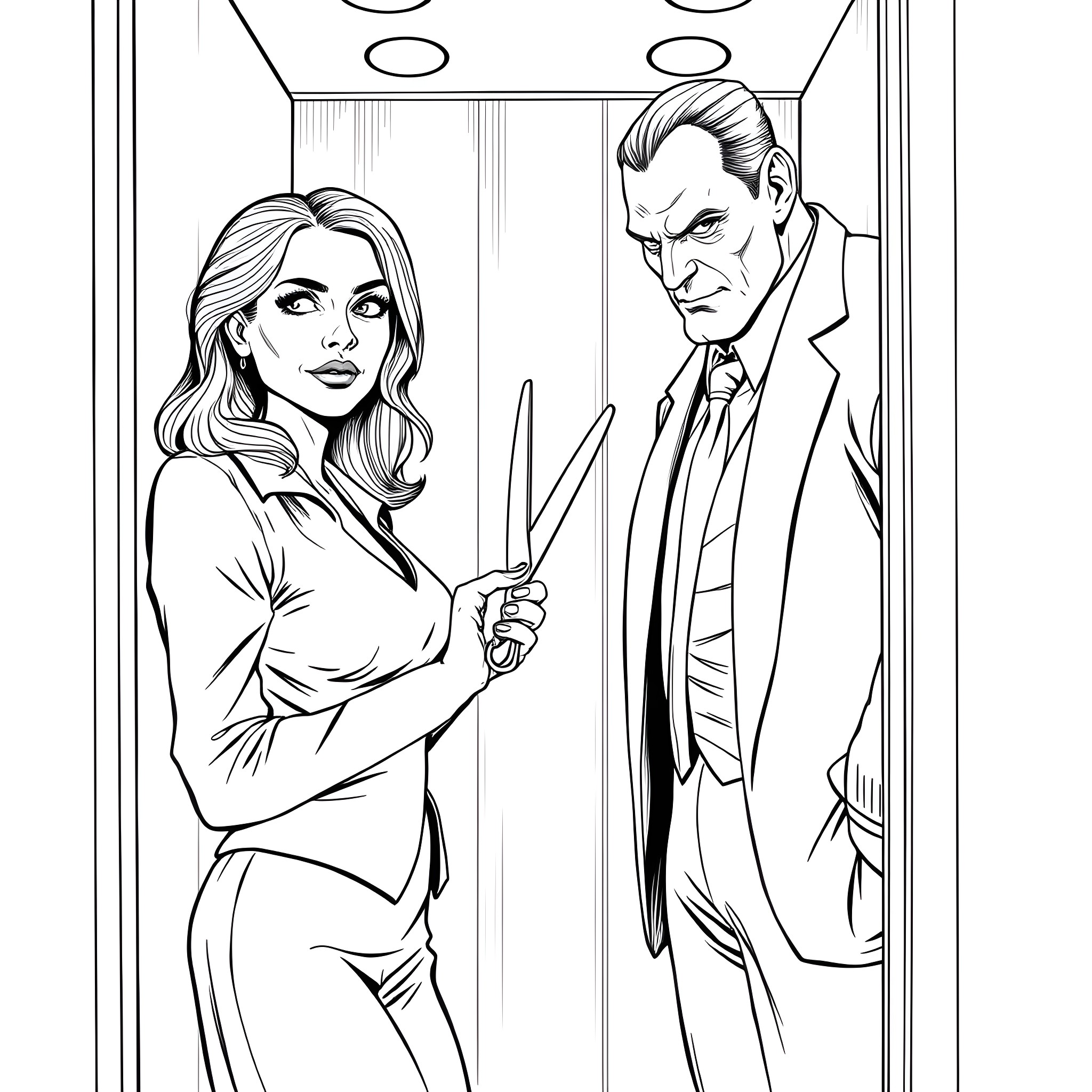 Woman in a tense confrontation with a serious man Coloring Page (free black-and-white line drawing printable PDF for all, from beginners to advanced learners, including children, teens, adults, and seniors)