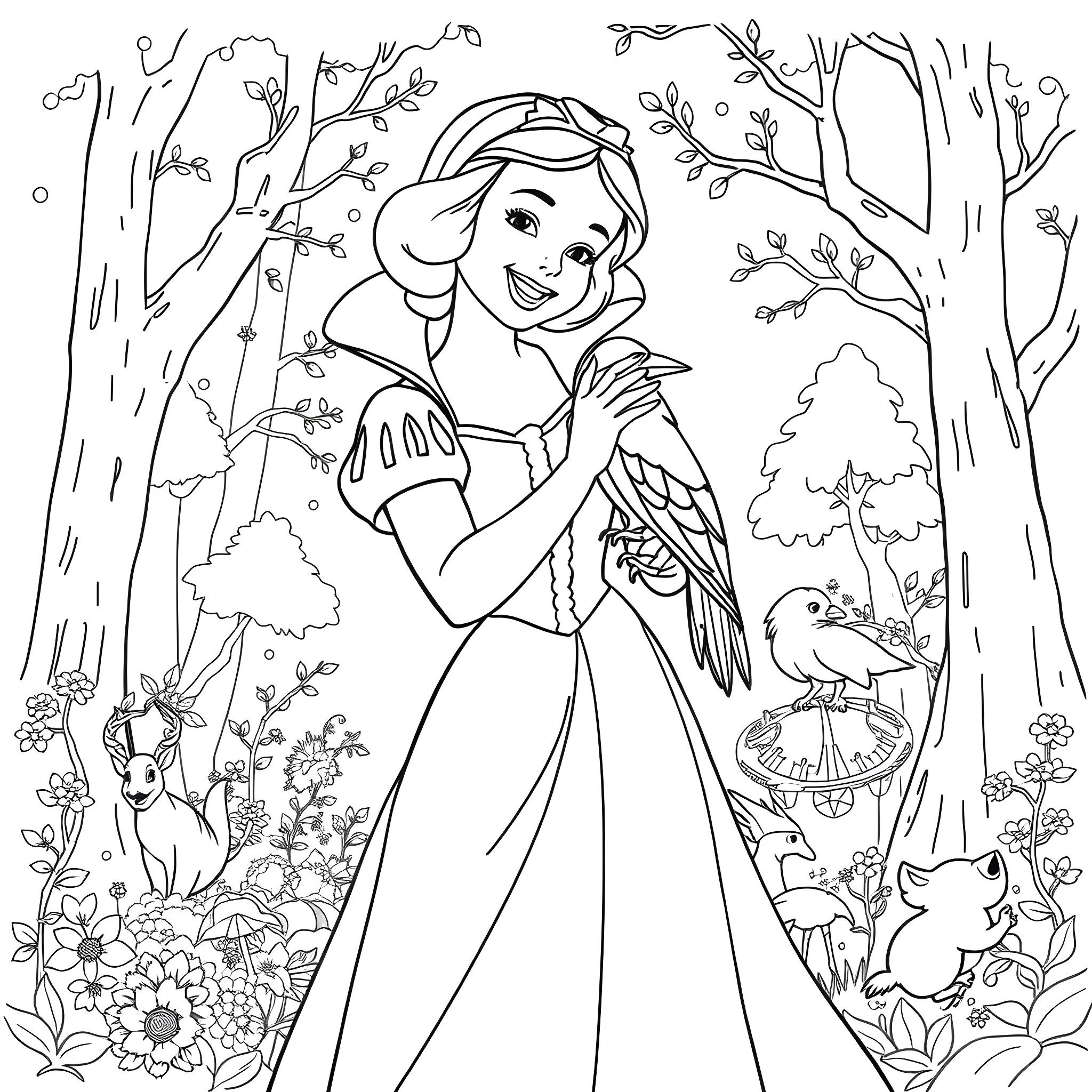 Snow White in a Magical Forest with Animals Coloring Page (free black-and-white line drawing printable PDF for all, from beginners to advanced learners, including children, teens, adults, and seniors)