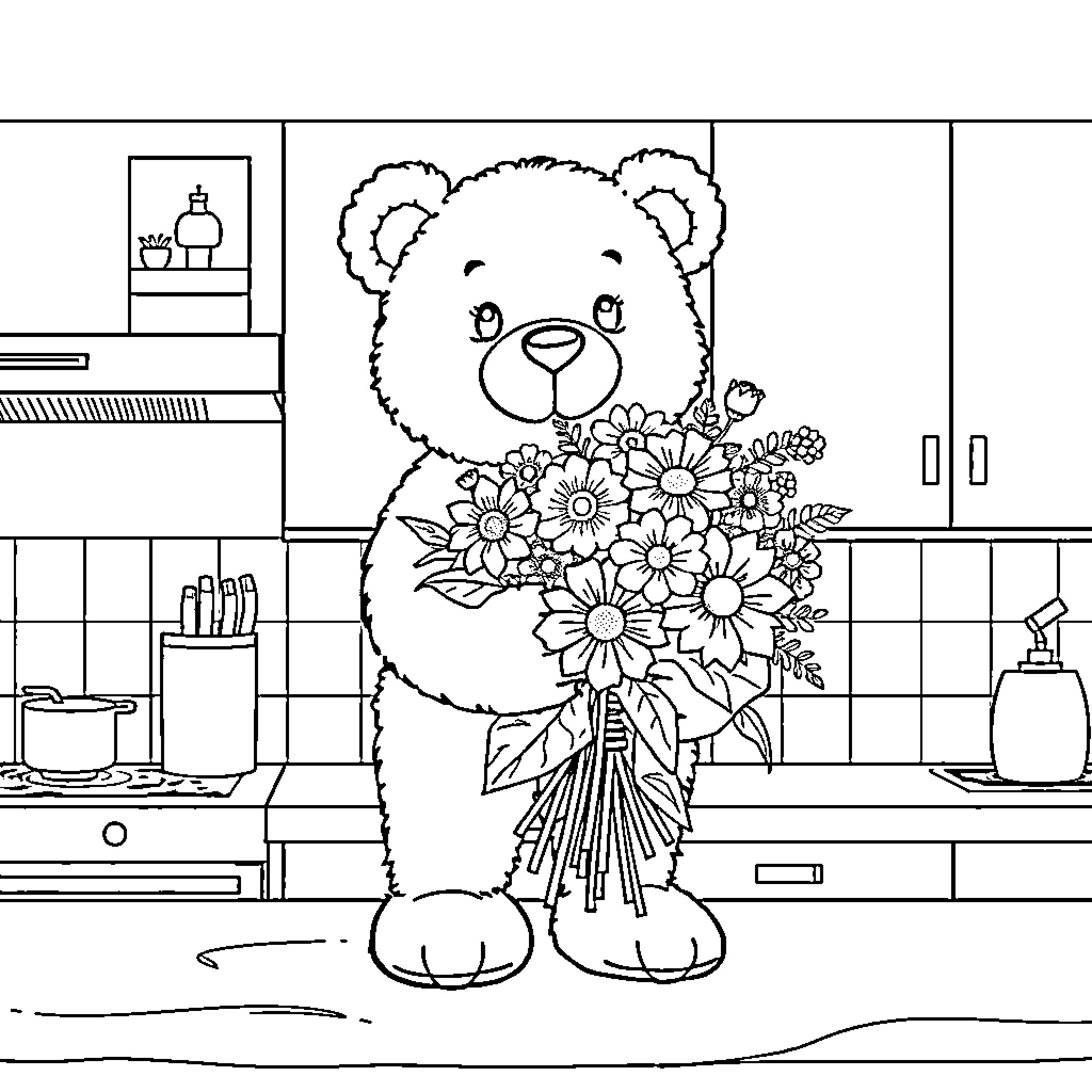 Teddy Bear holding a bouquet of flowers Coloring Page (free black-and-white line drawing printable PDF for all, from beginners to advanced learners, including children, teens, adults, and seniors)