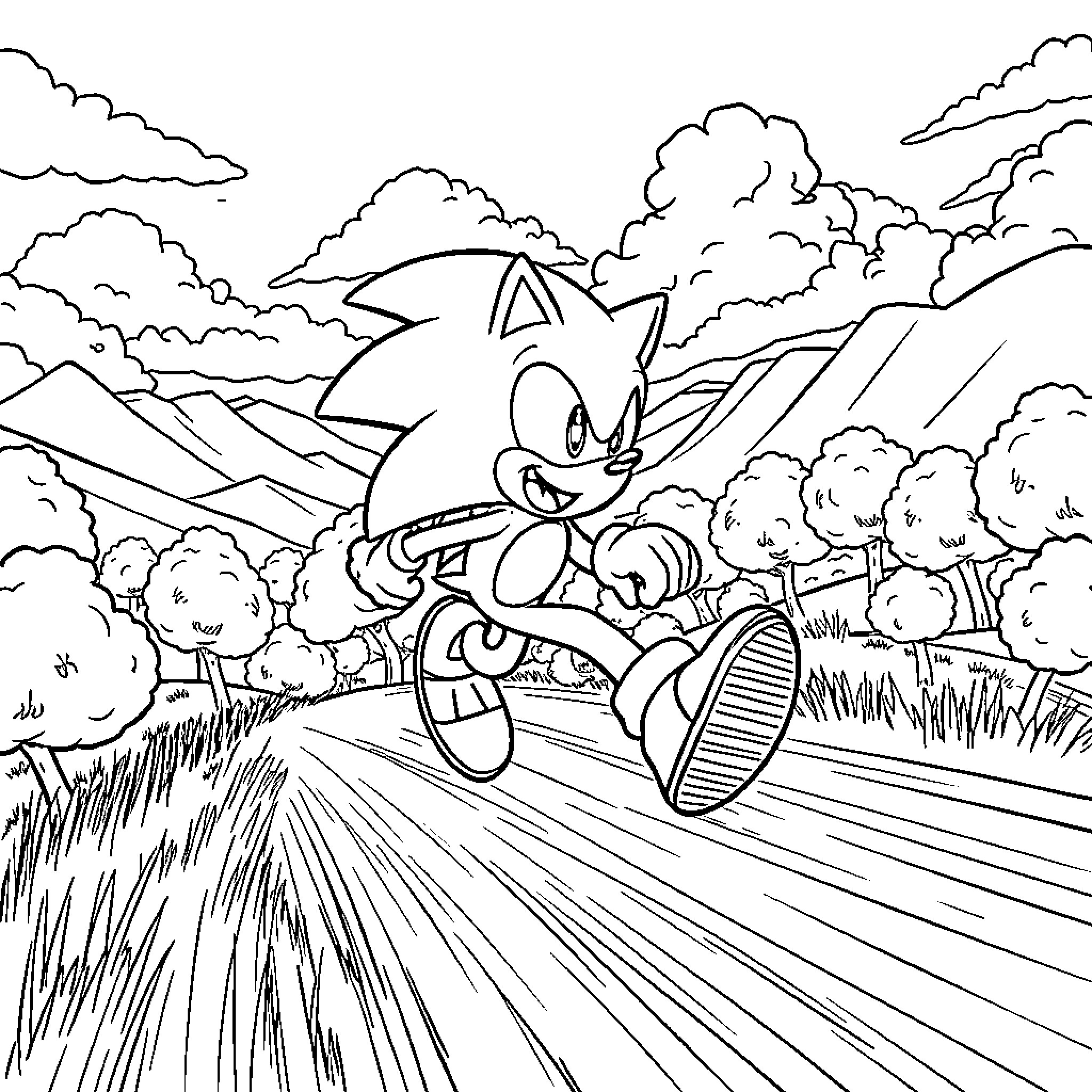 Sonic running speedily through the countryside Coloring Page (free black-and-white line drawing printable PDF for all, from beginners to advanced learners, including children, teens, adults, and seniors)