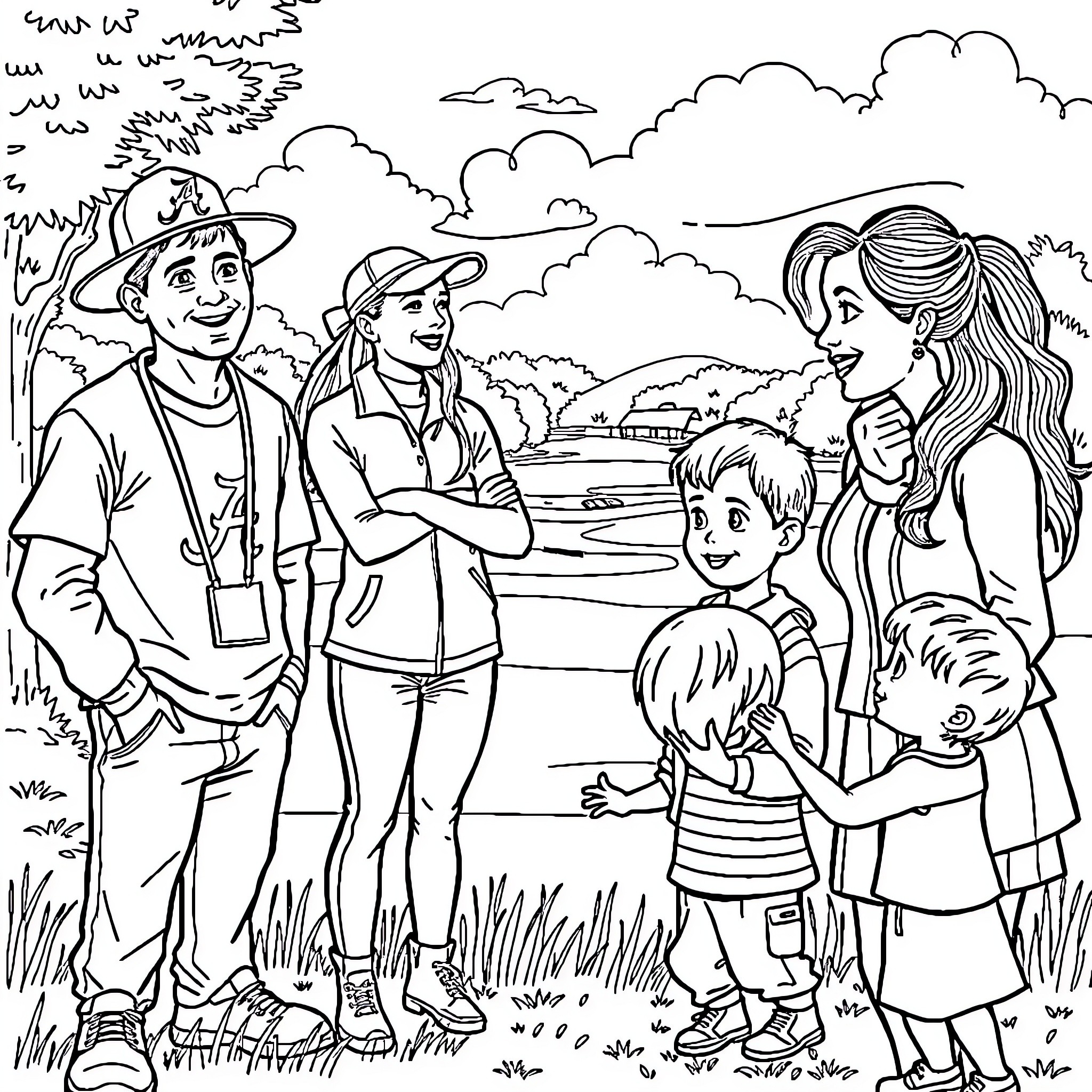 Fan Family Adventure in the Outdoor Park Coloring Page (free black-and-white line drawing printable PDF for all, from beginners to advanced learners, including children, teens, adults, and seniors)