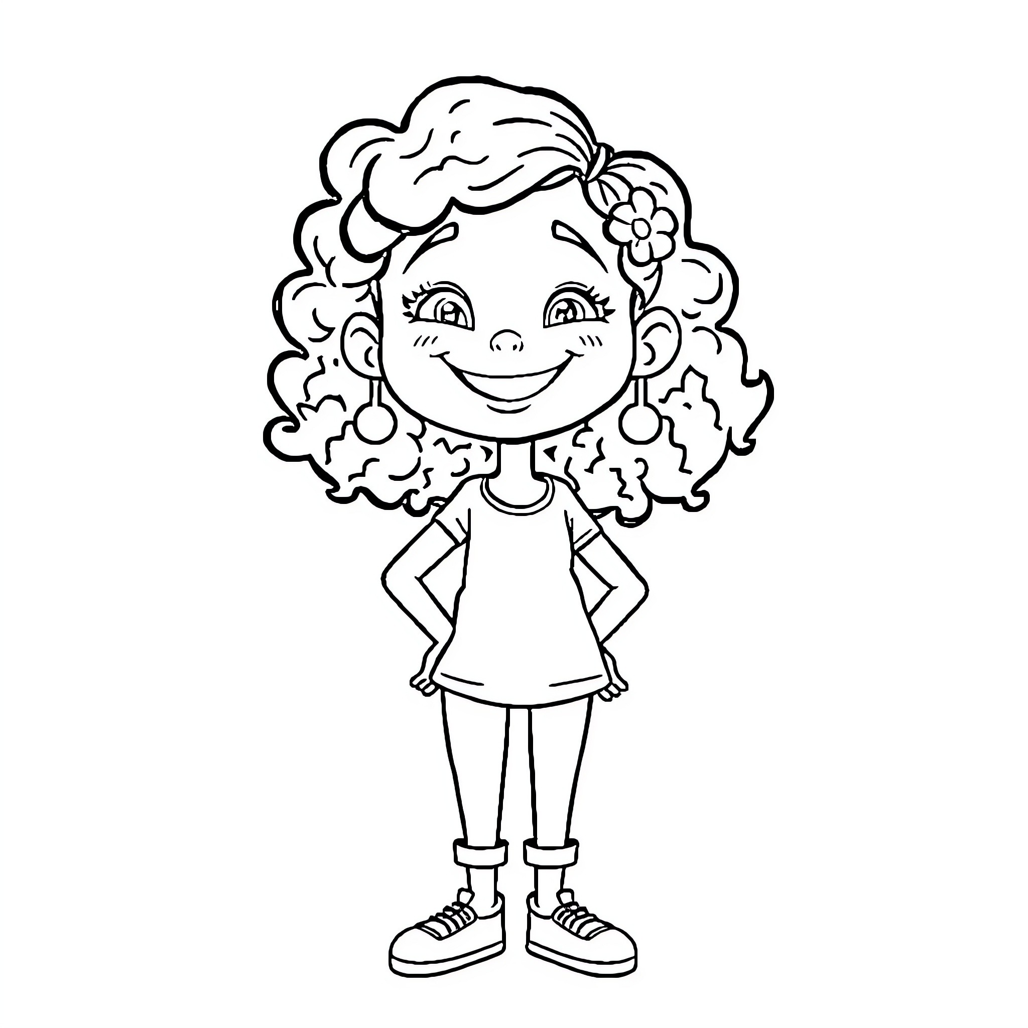 Girl with curly hair and a cheerful expression Coloring Page (free black-and-white line drawing printable PDF for all, from beginners to advanced learners, including children, teens, adults, and seniors)