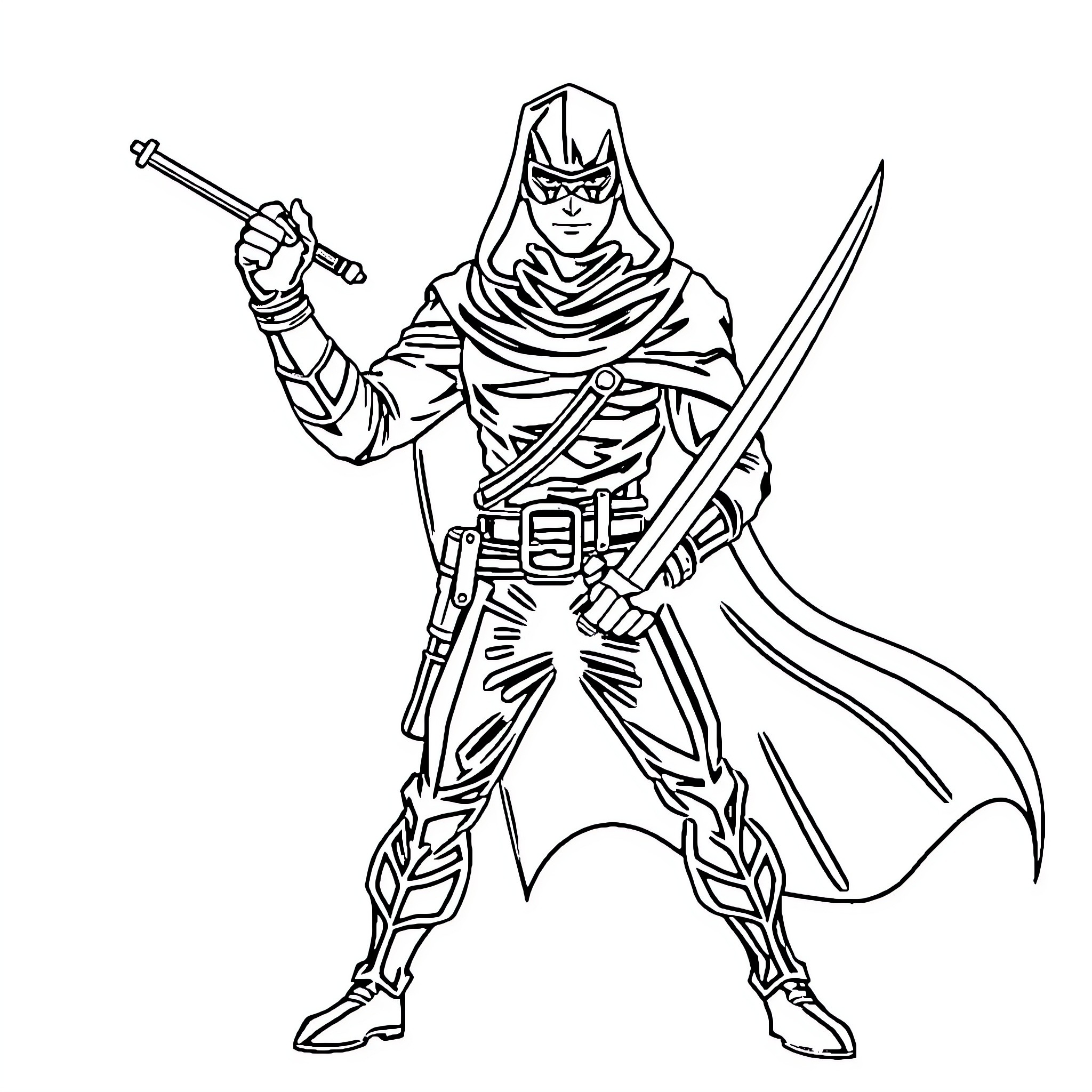 Zorro the Masked Swordsman's Heroic Pose Coloring Page (free black-and-white line drawing printable PDF for all, from beginners to advanced learners, including children, teens, adults, and seniors)
