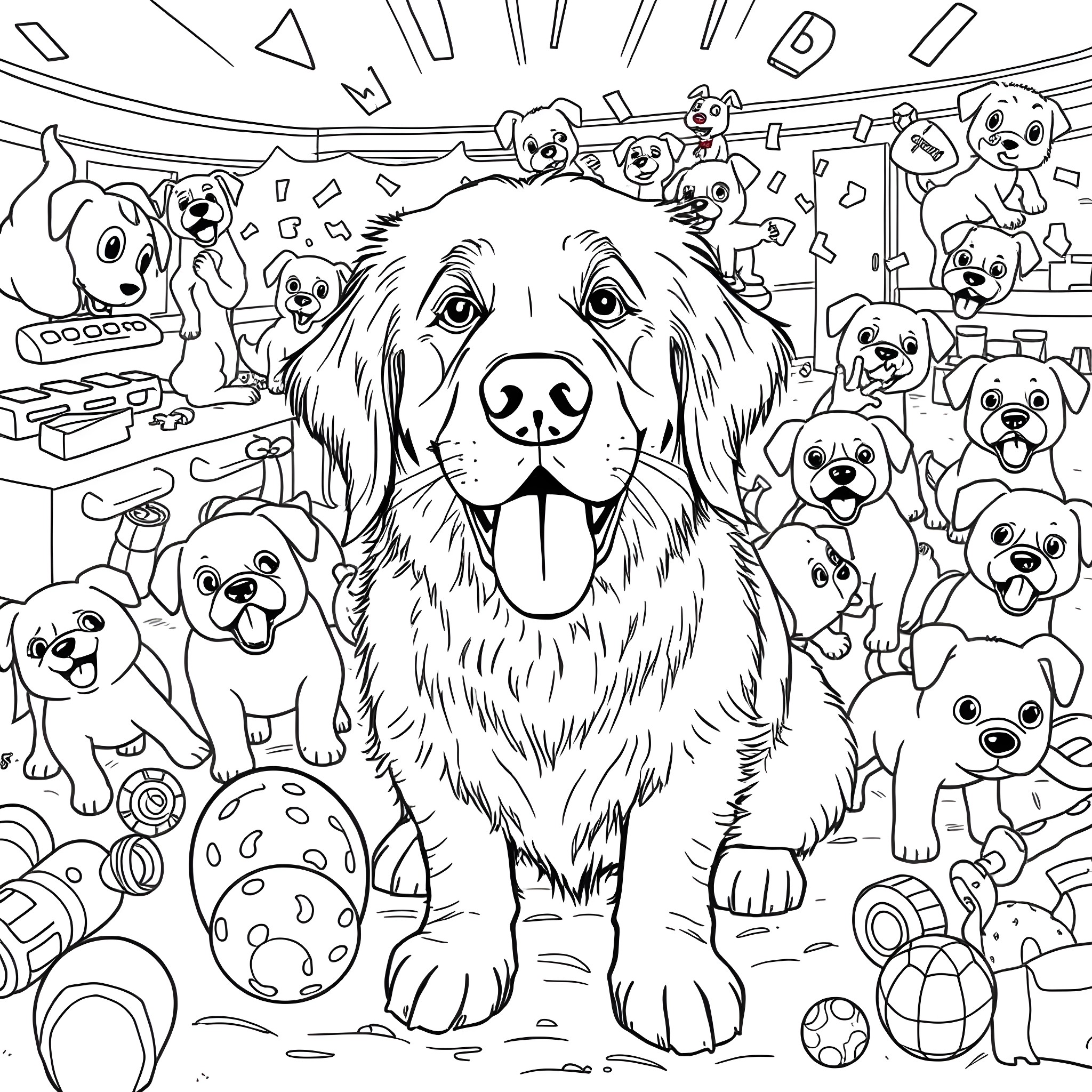Golden Retriever surrounded by playful puppies Coloring Page (free black-and-white line drawing printable PDF for all, from beginners to advanced learners, including children, teens, adults, and seniors)