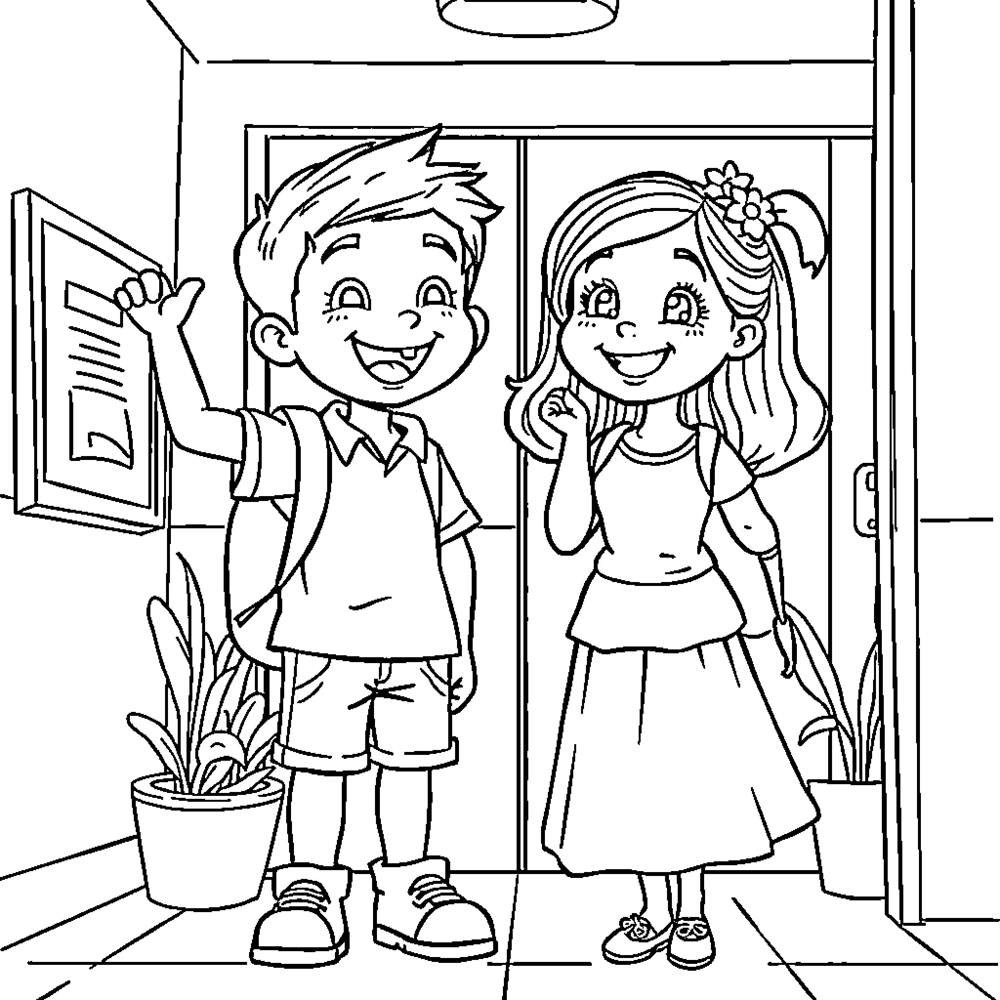Child siblings playing happily inside Coloring Page (free black-and-white line drawing printable PDF for all, from beginners to advanced learners, including children, teens, adults, and seniors)